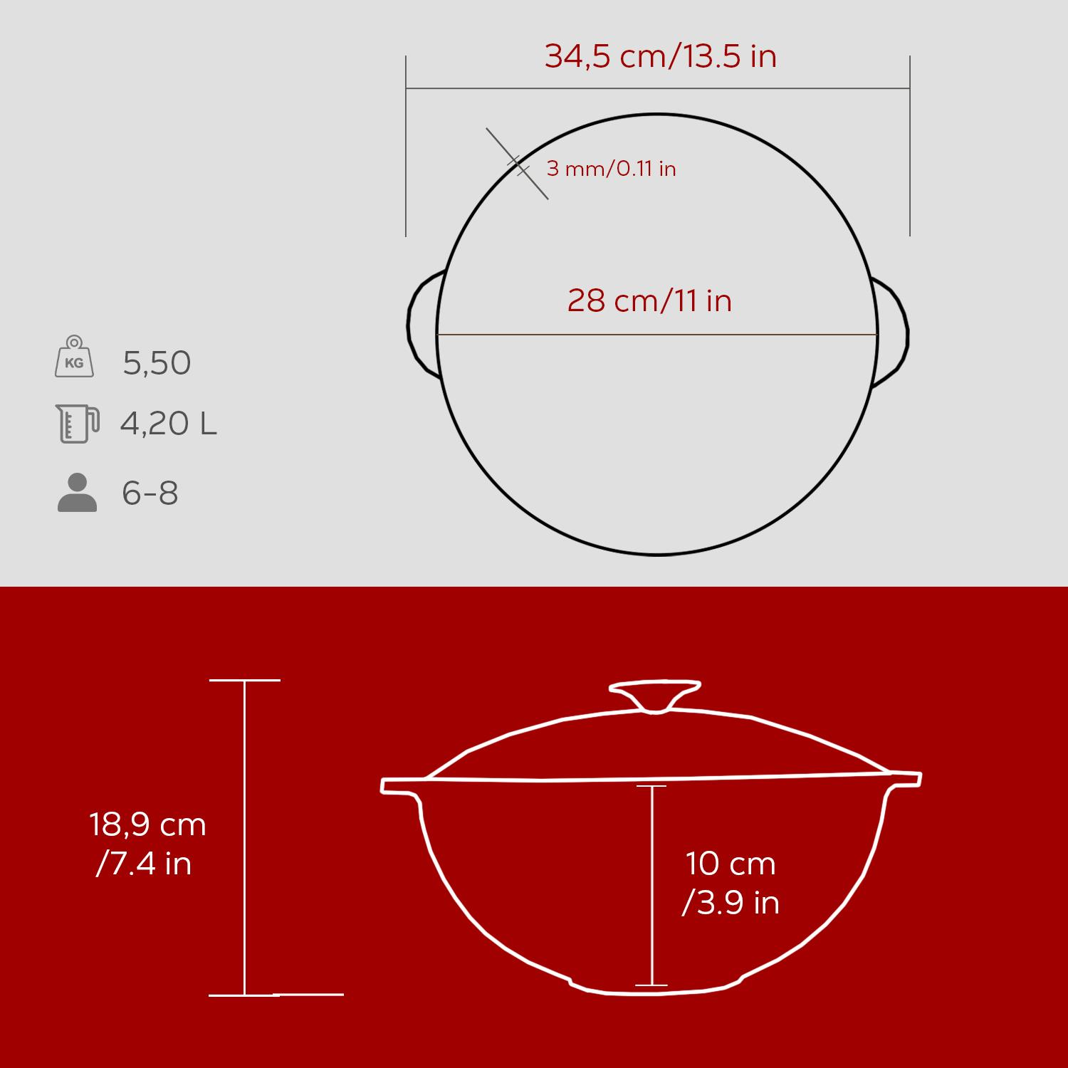Beyaz bir çizgi çizimi, boyutları ve özellikleri olan bir tencere gösterir: 34,5 cm/13,5 inç, 28 cm/11 inç, 18,9 cm/7,4 inç, 10 cm/3,9 inç, 5,50 kg, 4,20 L, 6-8.