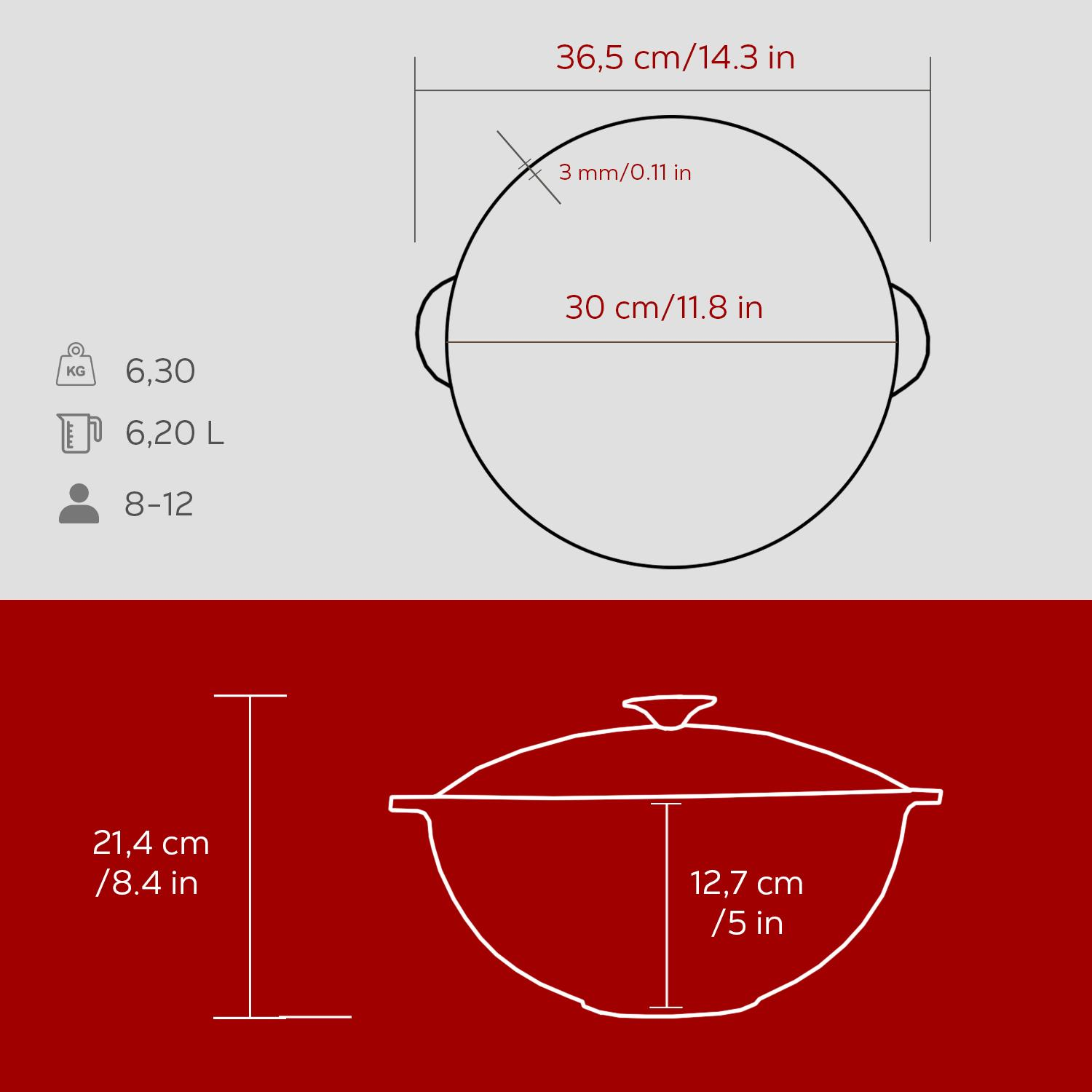 Boyutları 30 cm, 36,5 cm, 21,4 cm ve 12,7 cm olan bir tencerenin diyagramı. Ağırlık ve kapasite bilgileri içerir.