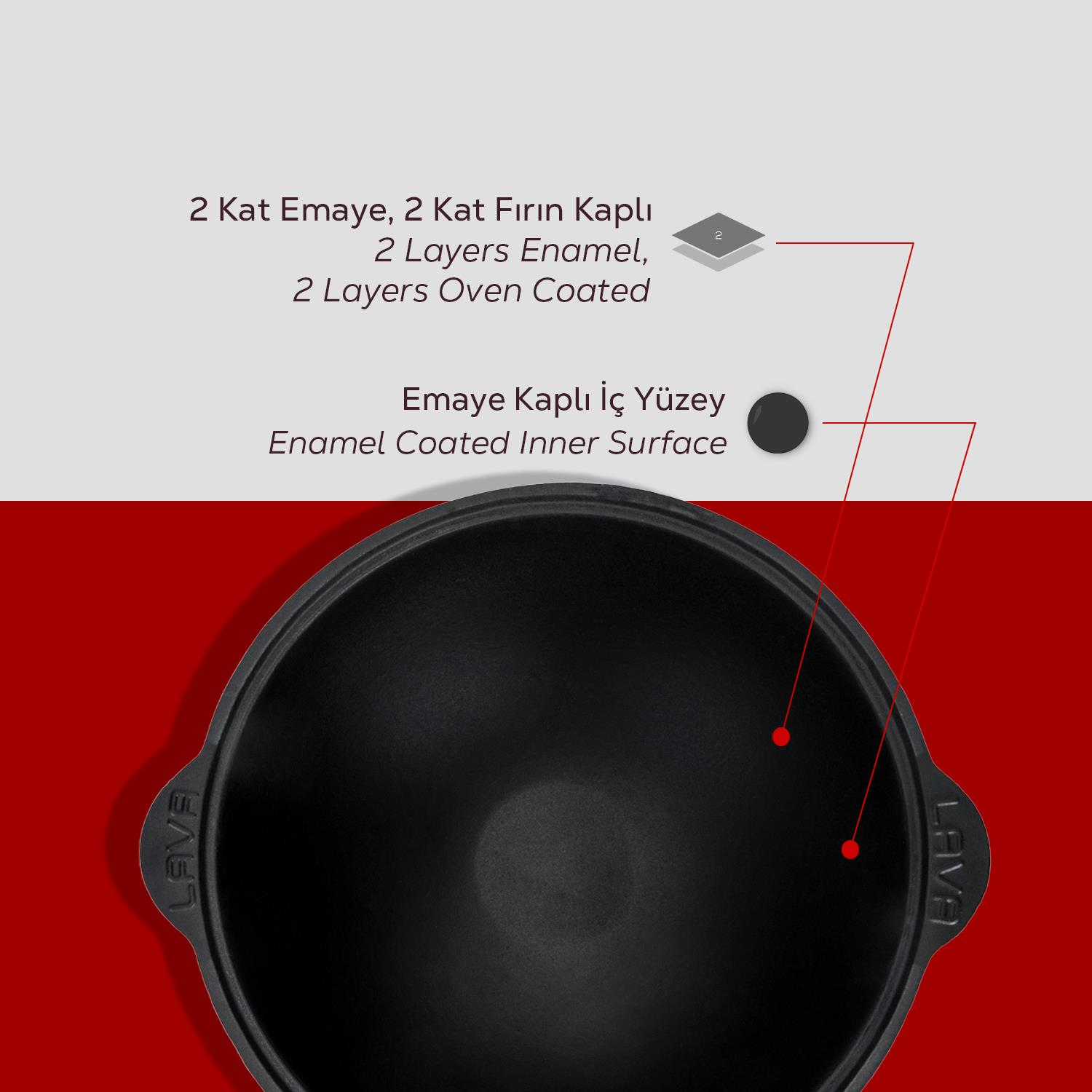 2 kat emaye ve fırın kaplaması olan siyah bir tencere. "LAVA" marka adı görünür.