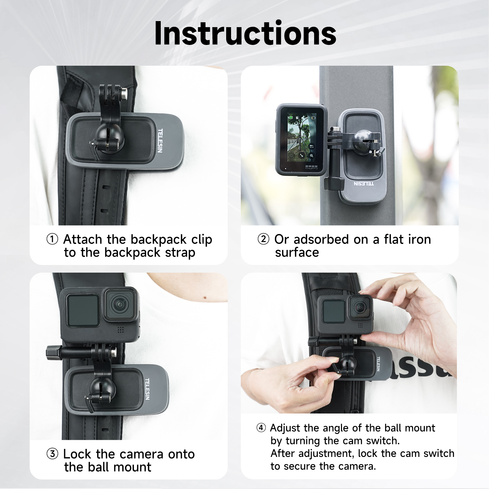 Instructions showing a camera mount on a backpack strap and a flat iron surface. Steps detail attachment and angle adjustment.