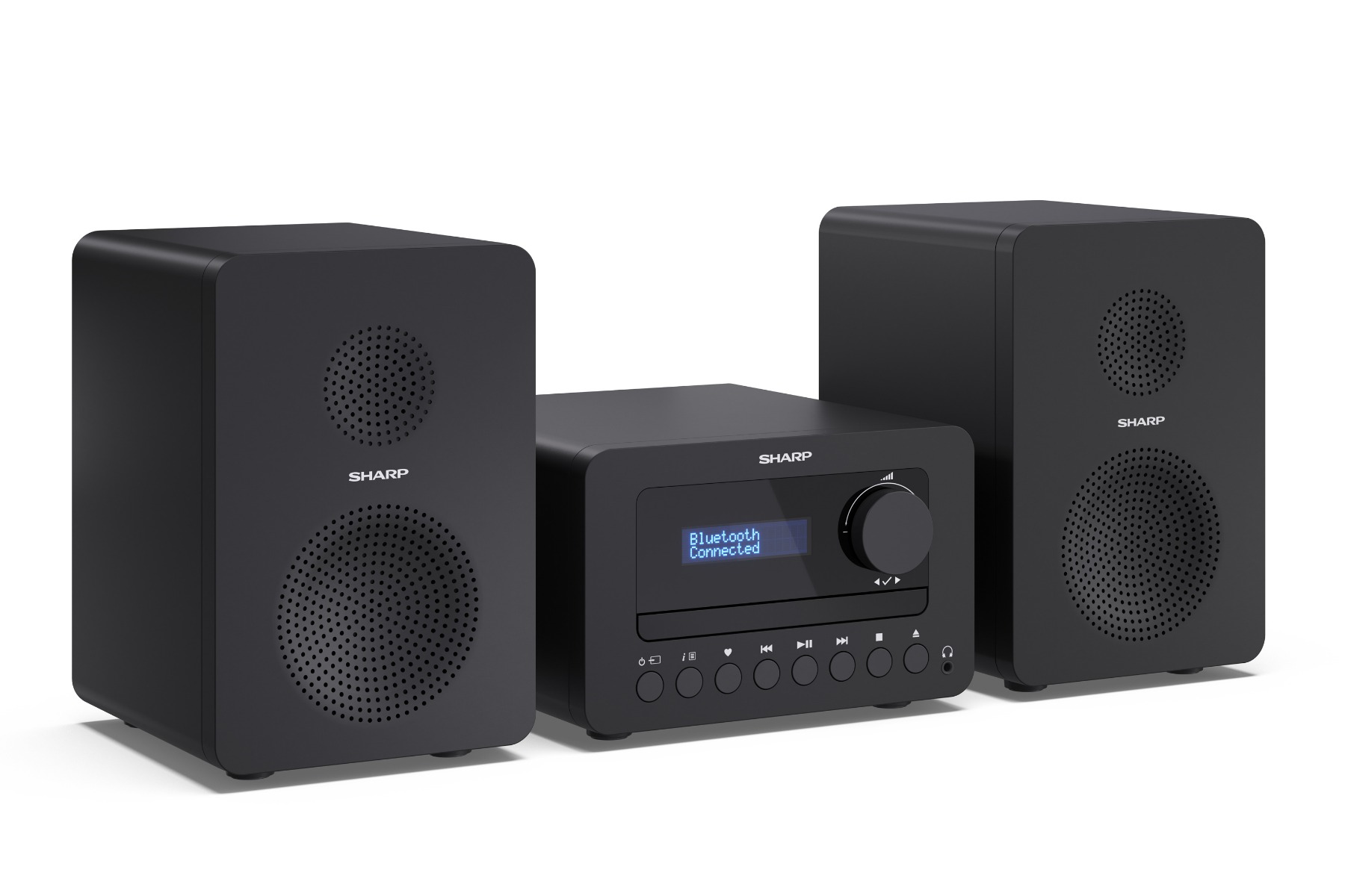Czarny system stereo z dwoma głośnikami i jednostką centralną. Ekran wyświetla 'Bluetooth Connected'.