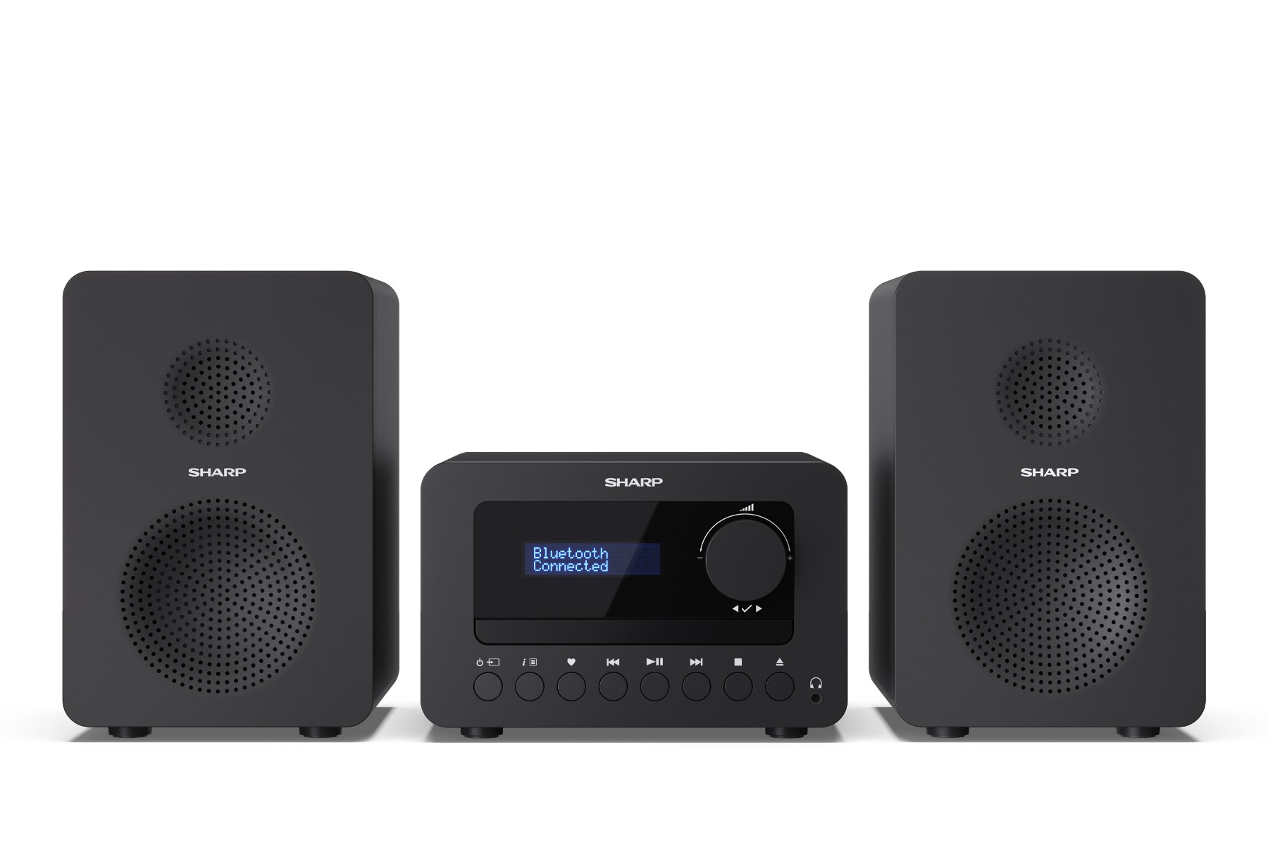 Czarny zestaw stereo Sharp z dwoma głośnikami i jednostką centralną. Na ekranie wyświetla się 'Bluetooth Connected'.