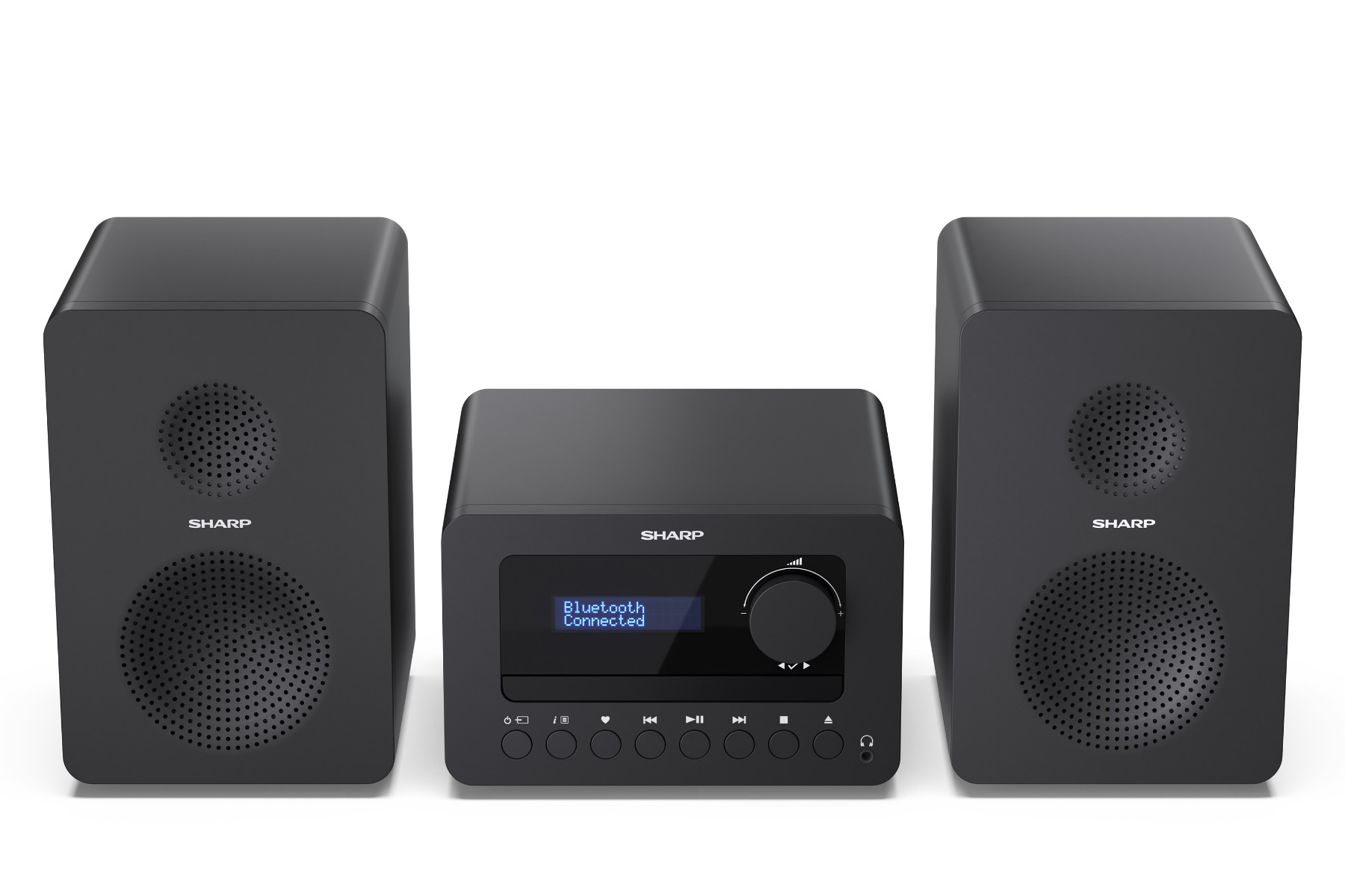 Czarny system stereo Sharp, jednostka centralna z ekranem i dwoma głośnikami. Bluetooth połączony.