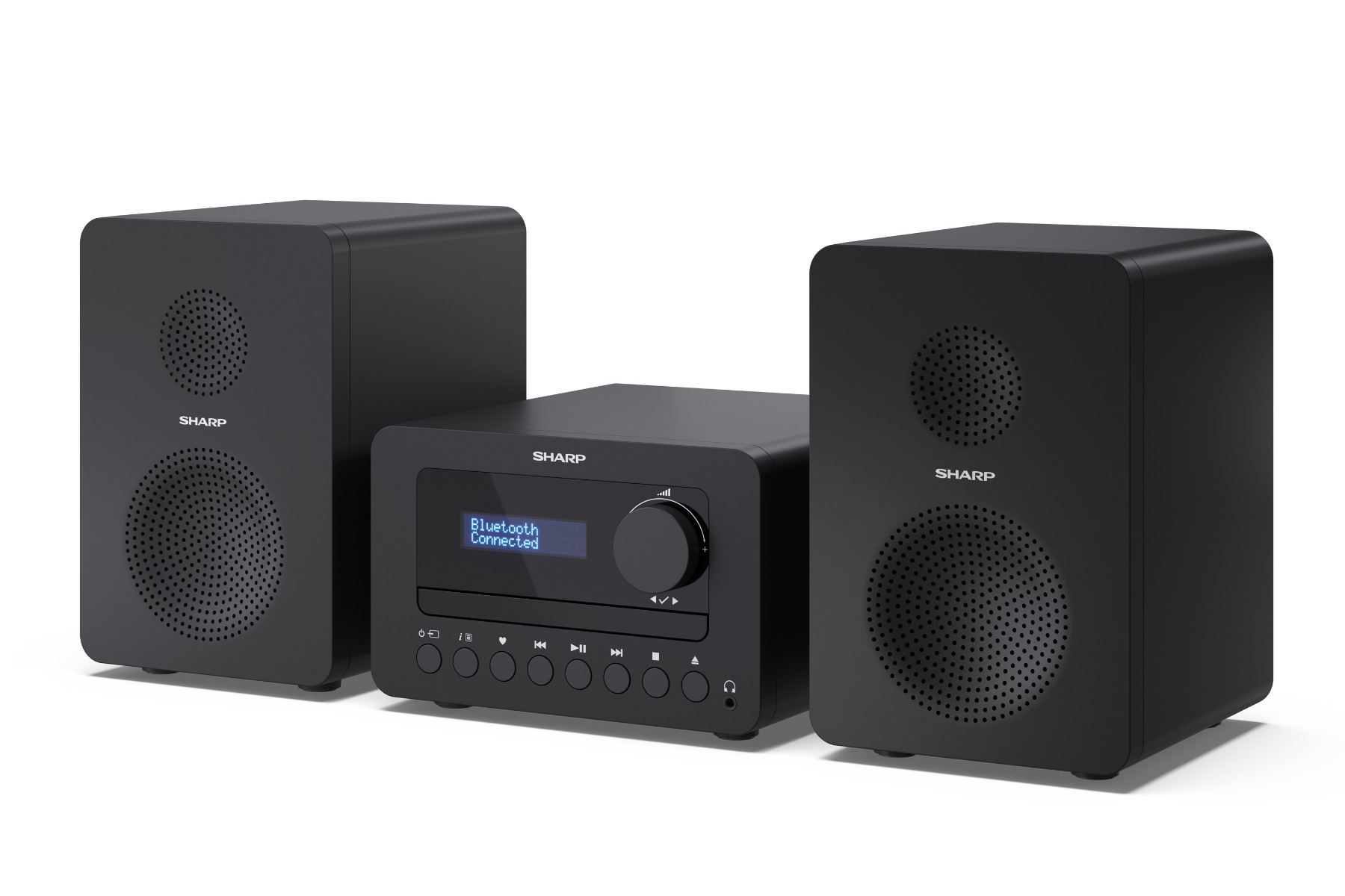 Czarny system stereo Sharp. Ma jednostkę centralną z ekranem wyświetlającym 'Bluetooth Połączono' i dwa głośniki po bokach.