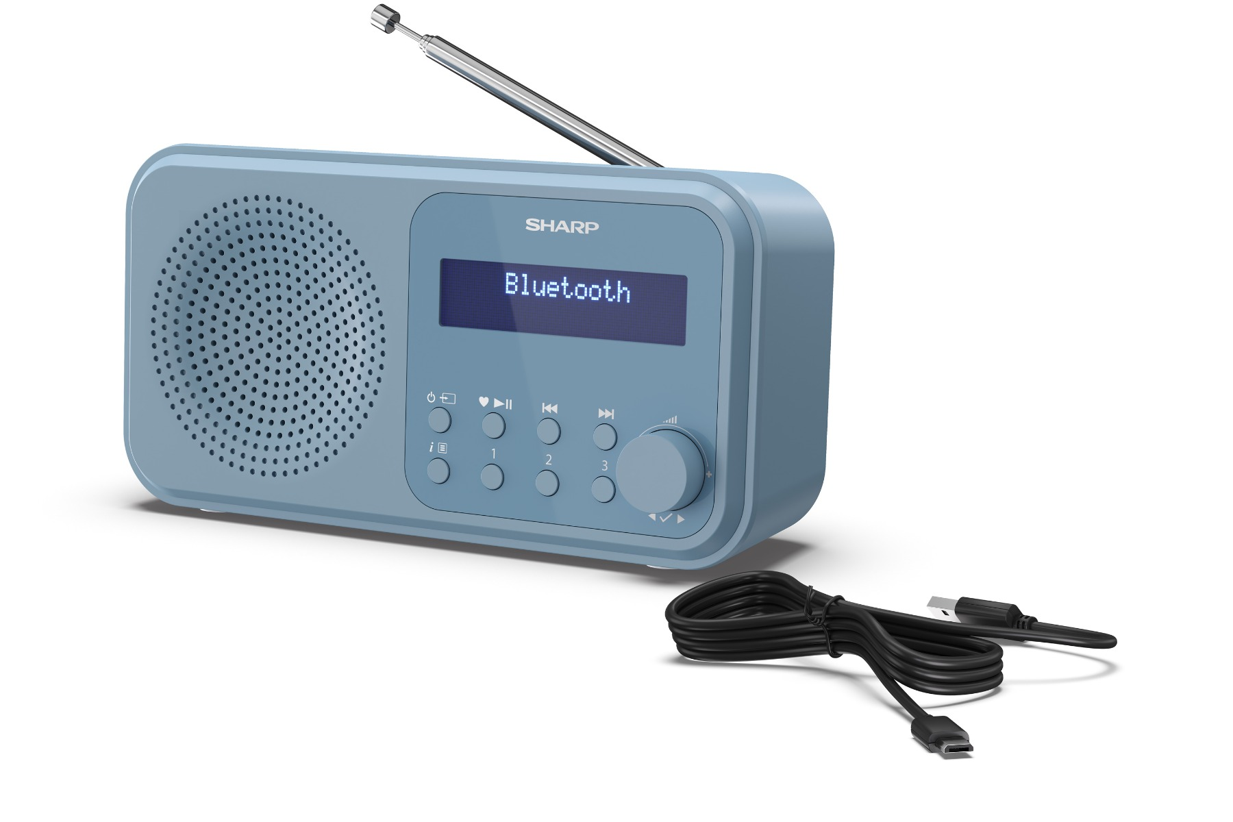 Ein blaues Sharp-Radio mit Bluetooth, einem Lautsprecher, Knöpfen und einer Antenne. Ein schwarzes Kabel liegt daneben.