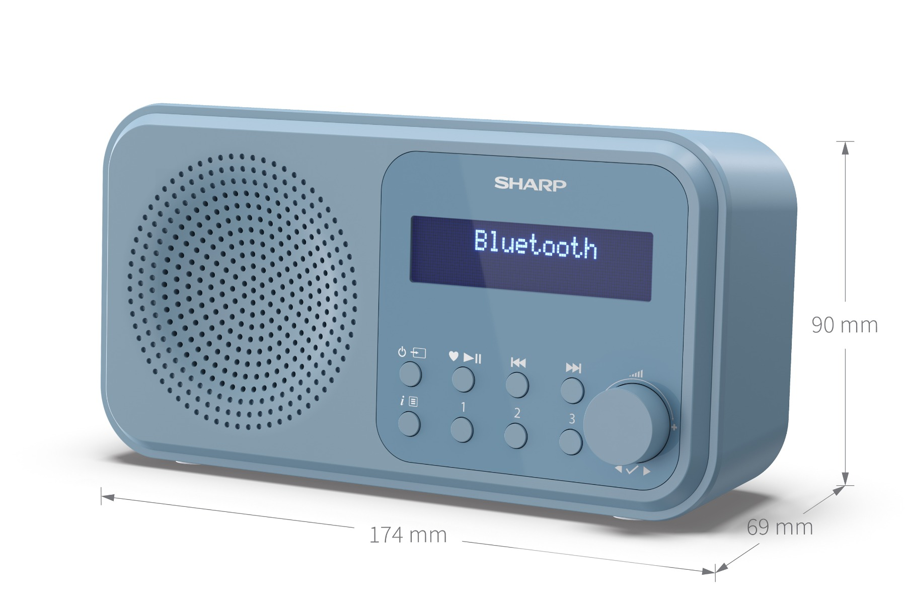 Ein hellblaues Sharp Bluetooth-Radio. Es hat einen Lautsprecher, ein Display, Knöpfe und einen Lautstärkeregler. Abmessungen sind angegeben.