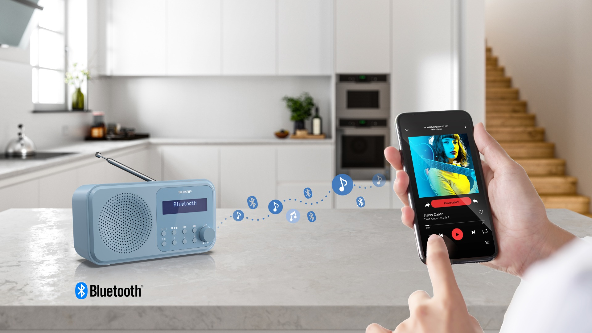 A blue radio and a phone playing music are on a counter. The phone screen shows a music app. Bluetooth icons are present.