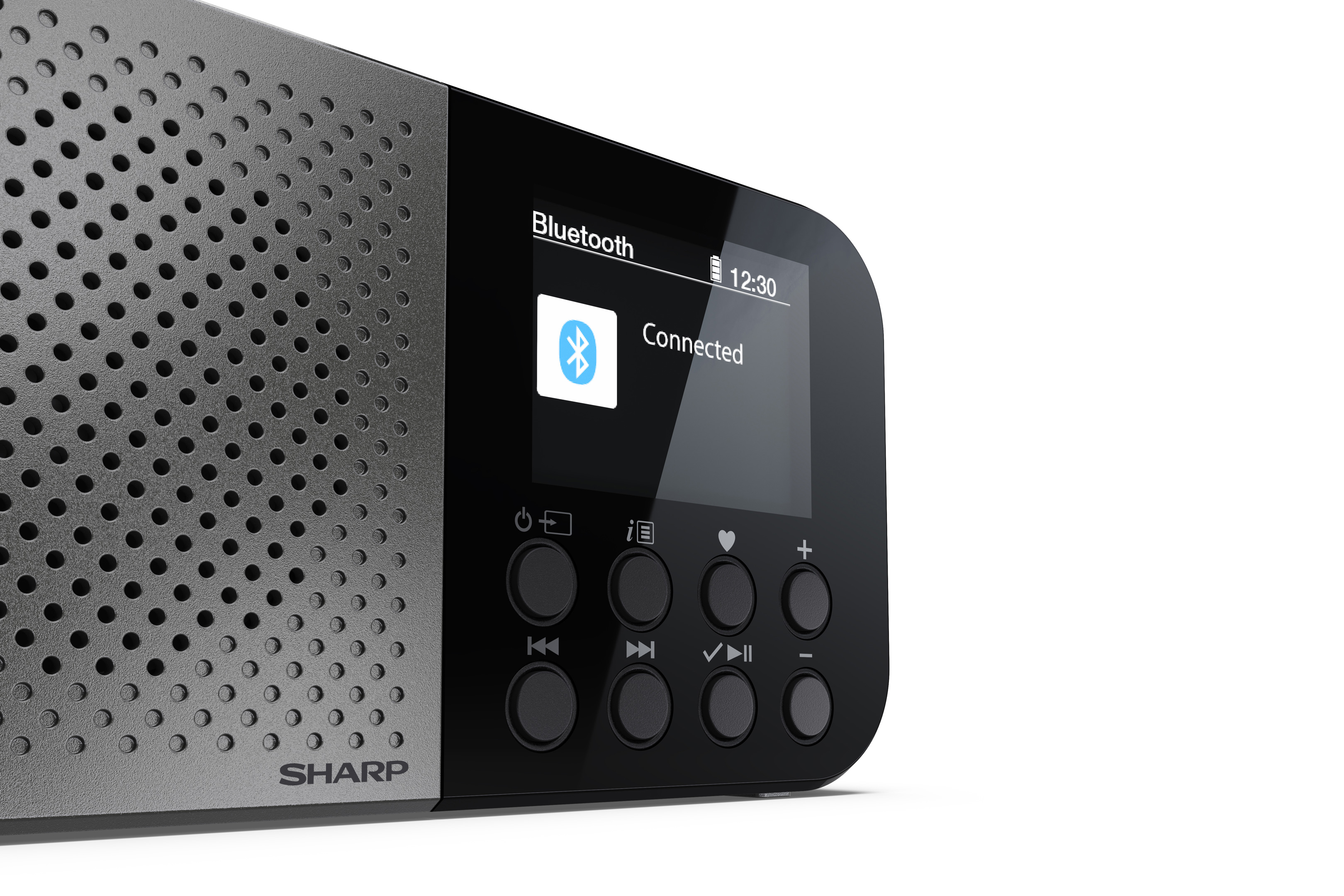 Een Sharp-radio wordt weergegeven, met Bluetooth verbonden. Het heeft een scherm en knoppen. De luidspreker staat links.