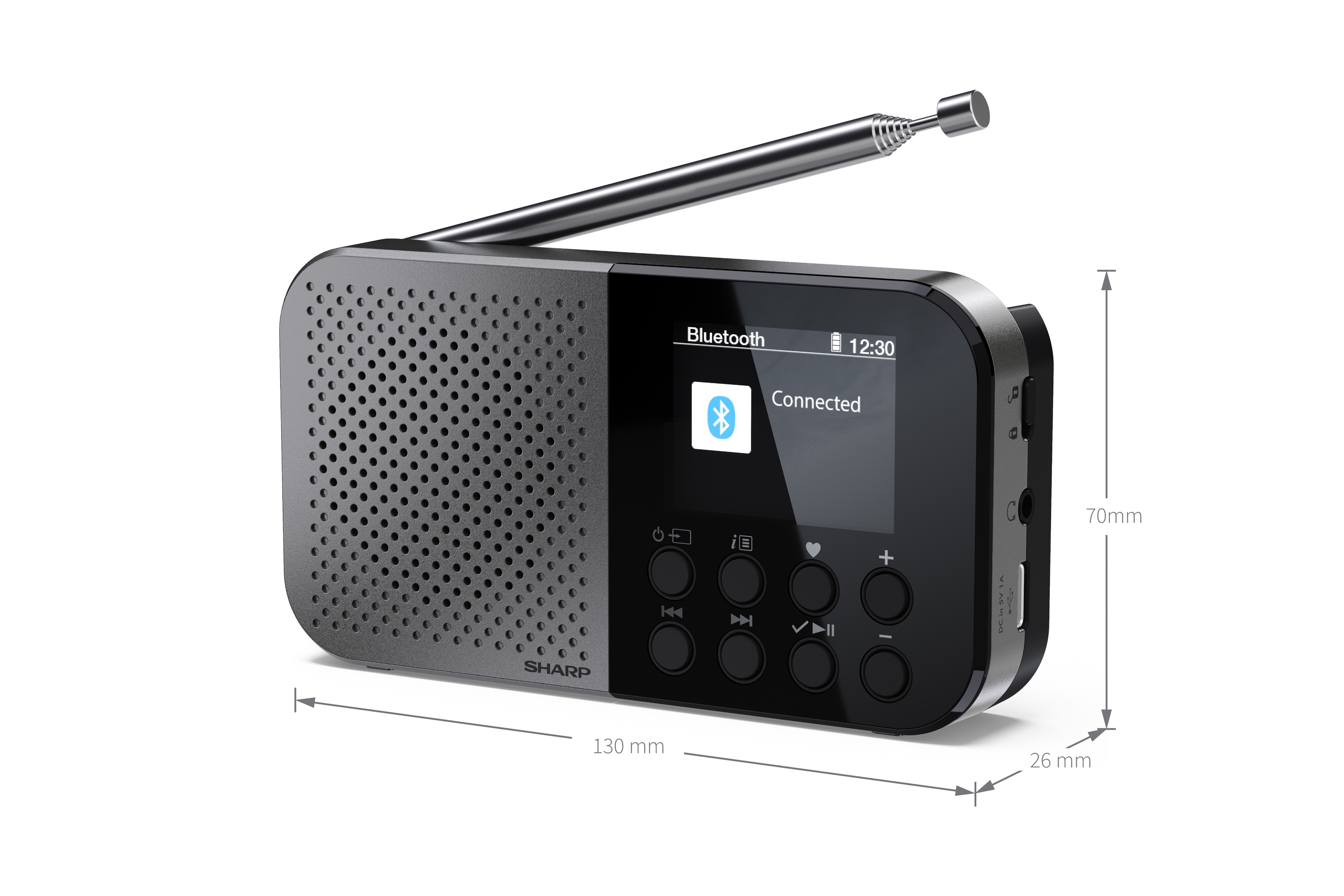 Een Sharp-radio. Het heeft een scherm met 'Bluetooth Connected' en de tijd. Zilveren antenne steekt uit de bovenkant.