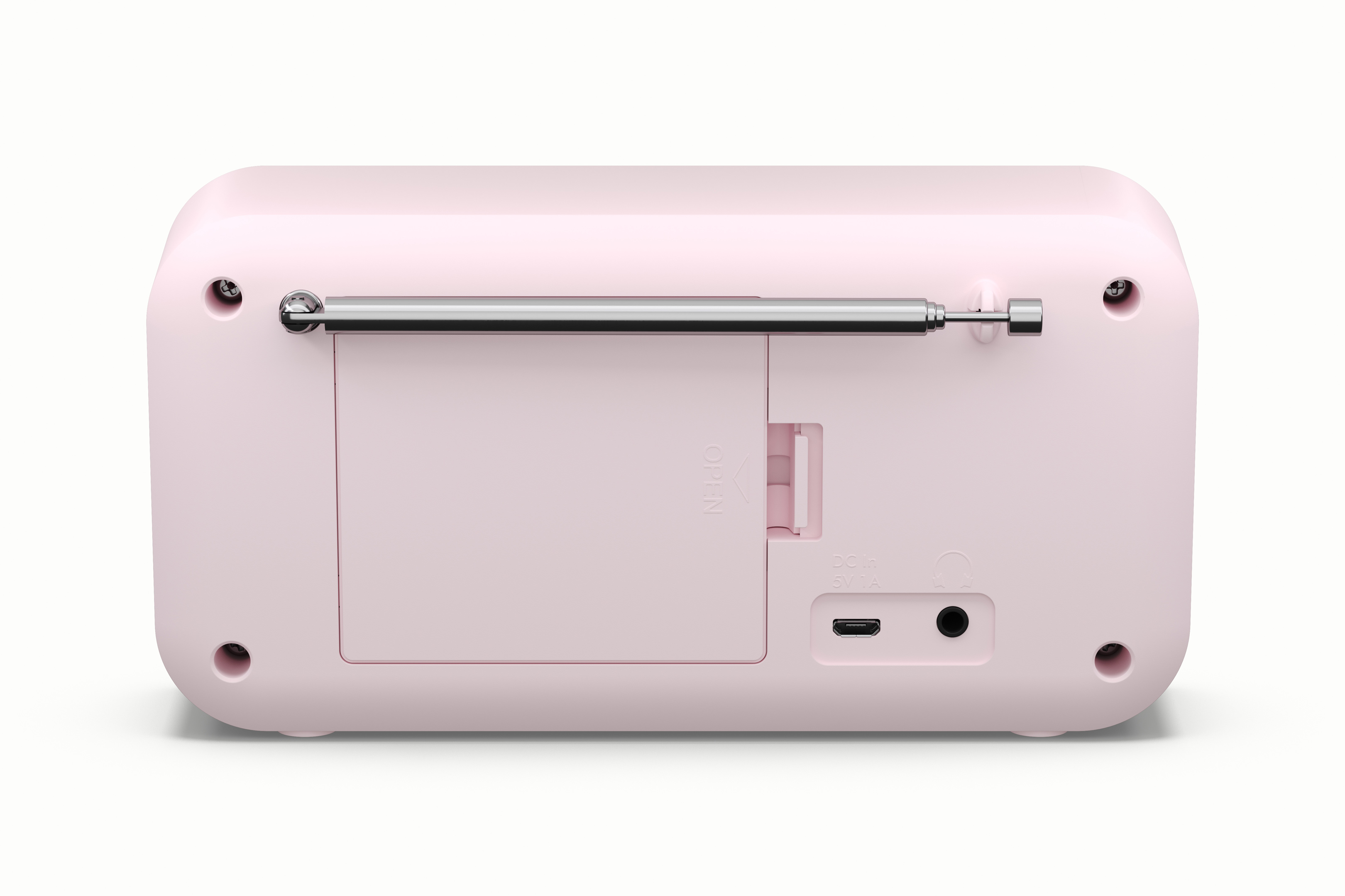 Une radio rose avec une antenne argentée, une porte de compartiment et plusieurs ports d'entrée/sortie.