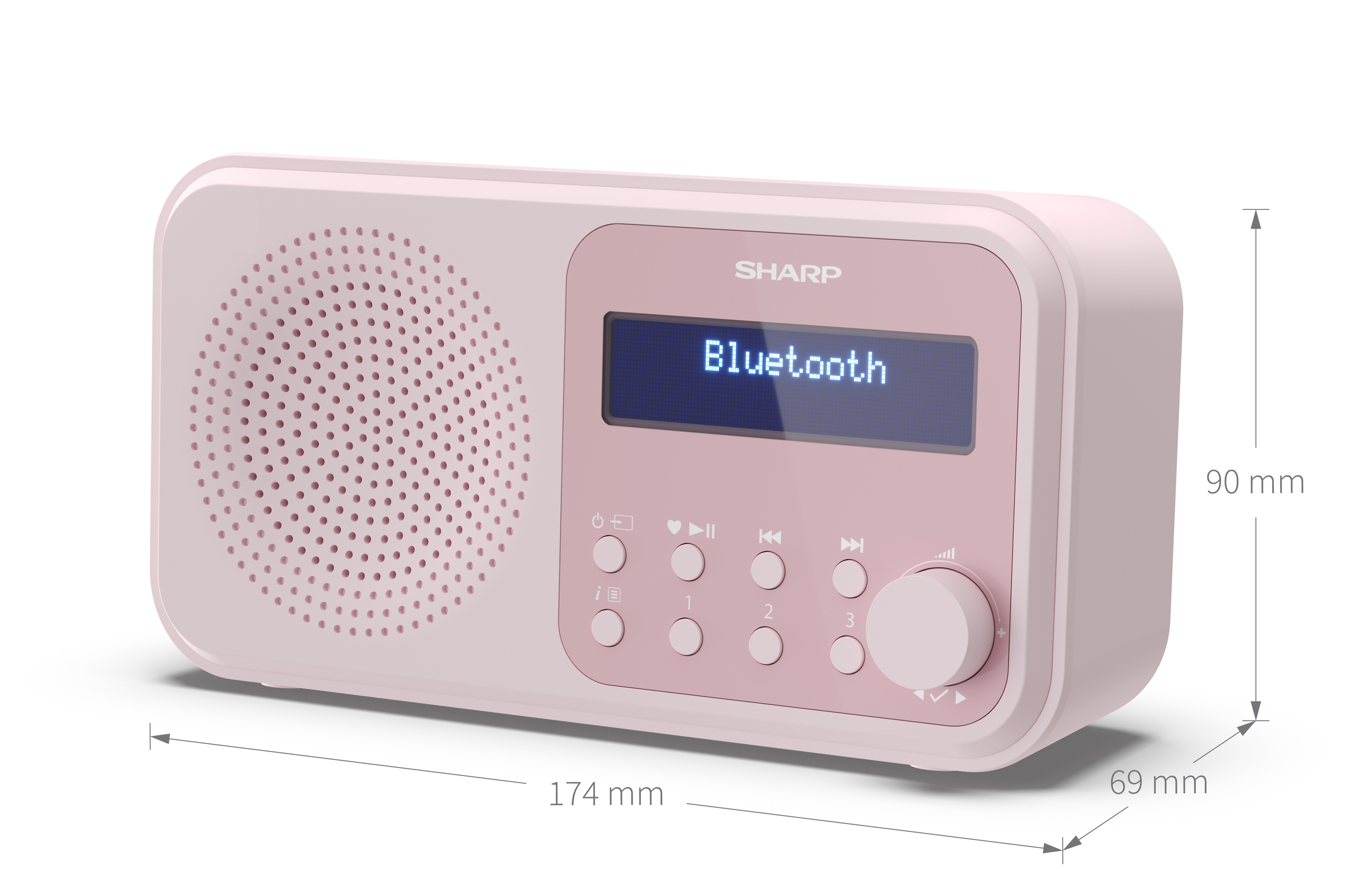 Radio Bluetooth rose Sharp. Elle possède un haut-parleur, un écran, des boutons et un bouton de volume. Dimensions indiquées.