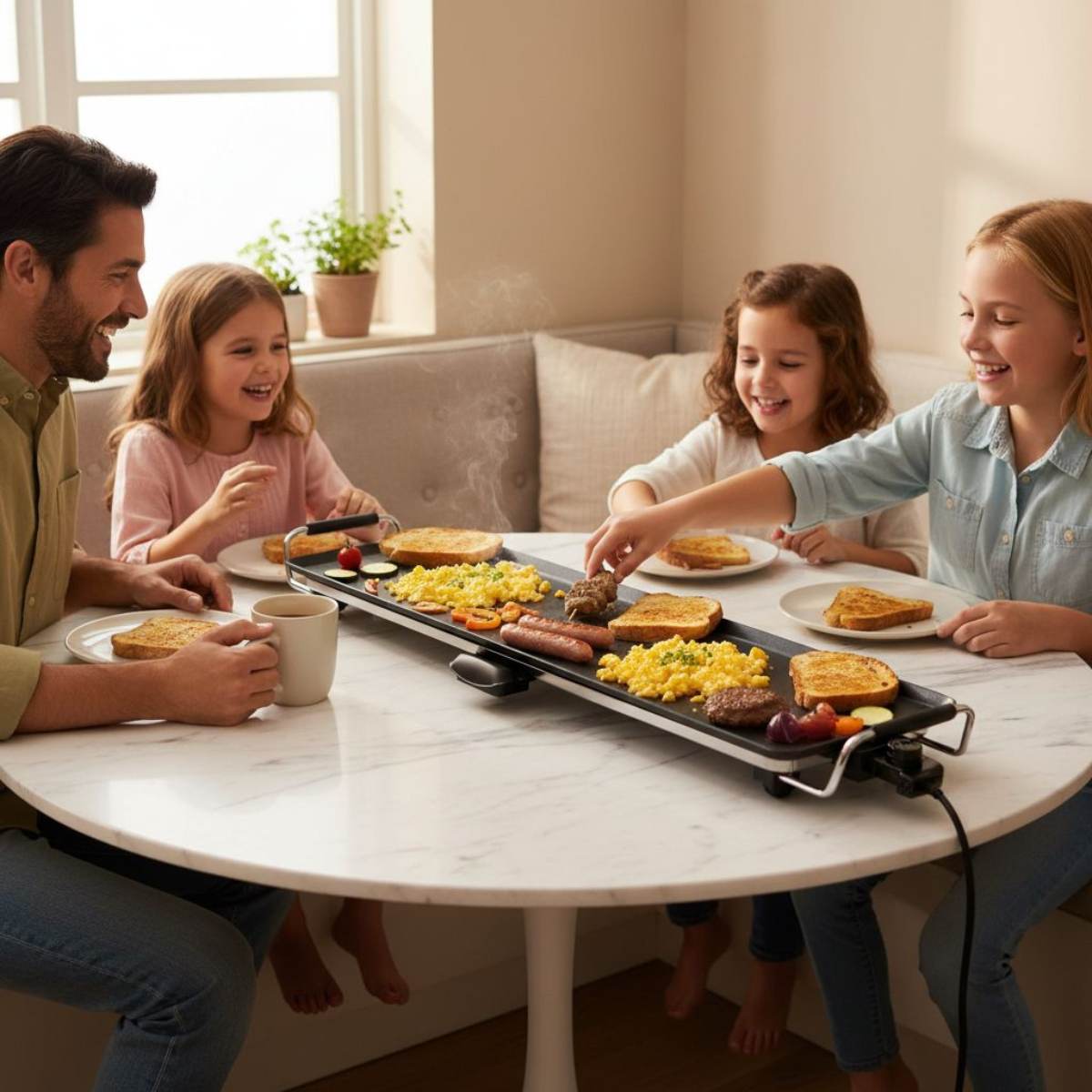 Eine Familie genießt das Frühstück. Eier, Würstchen und Toast liegen auf einer Grillplatte. Sie lächeln und greifen nach Essen.