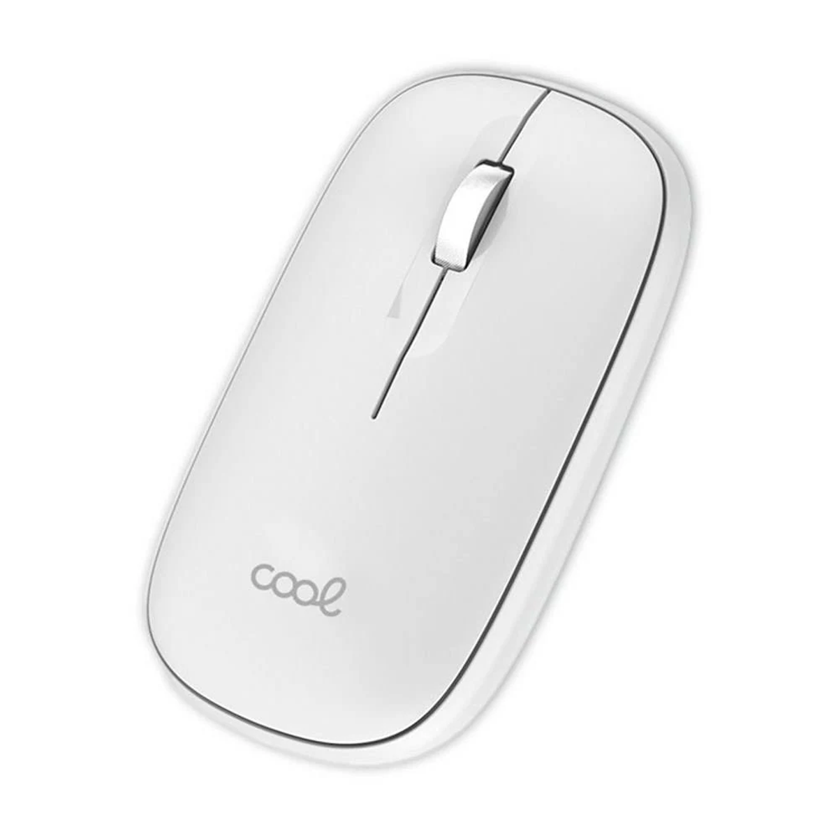 Un ratón de ordenador inalámbrico blanco con una rueda de desplazamiento y la palabra 'cool'. El fondo es blanco.