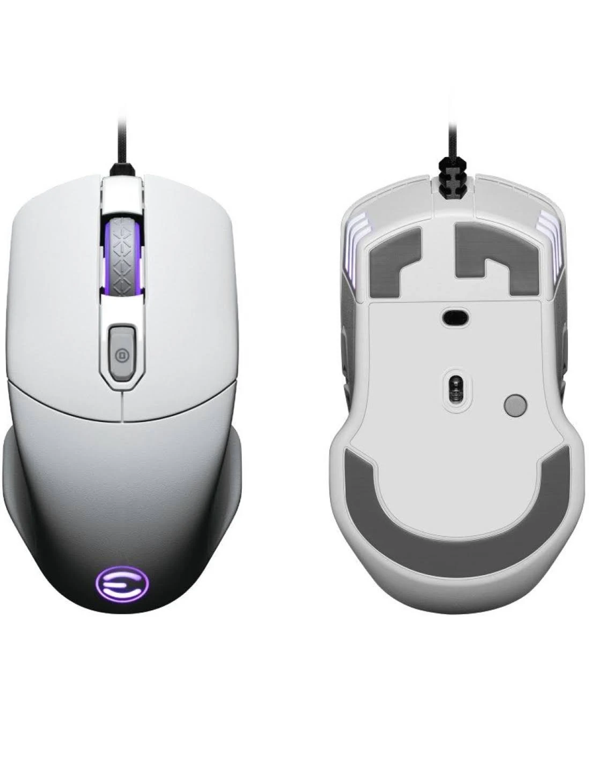Un mouse da gioco bianco, viste dall'alto e dal basso. Ha una rotella di scorrimento e un logo viola e dettagli grigi.