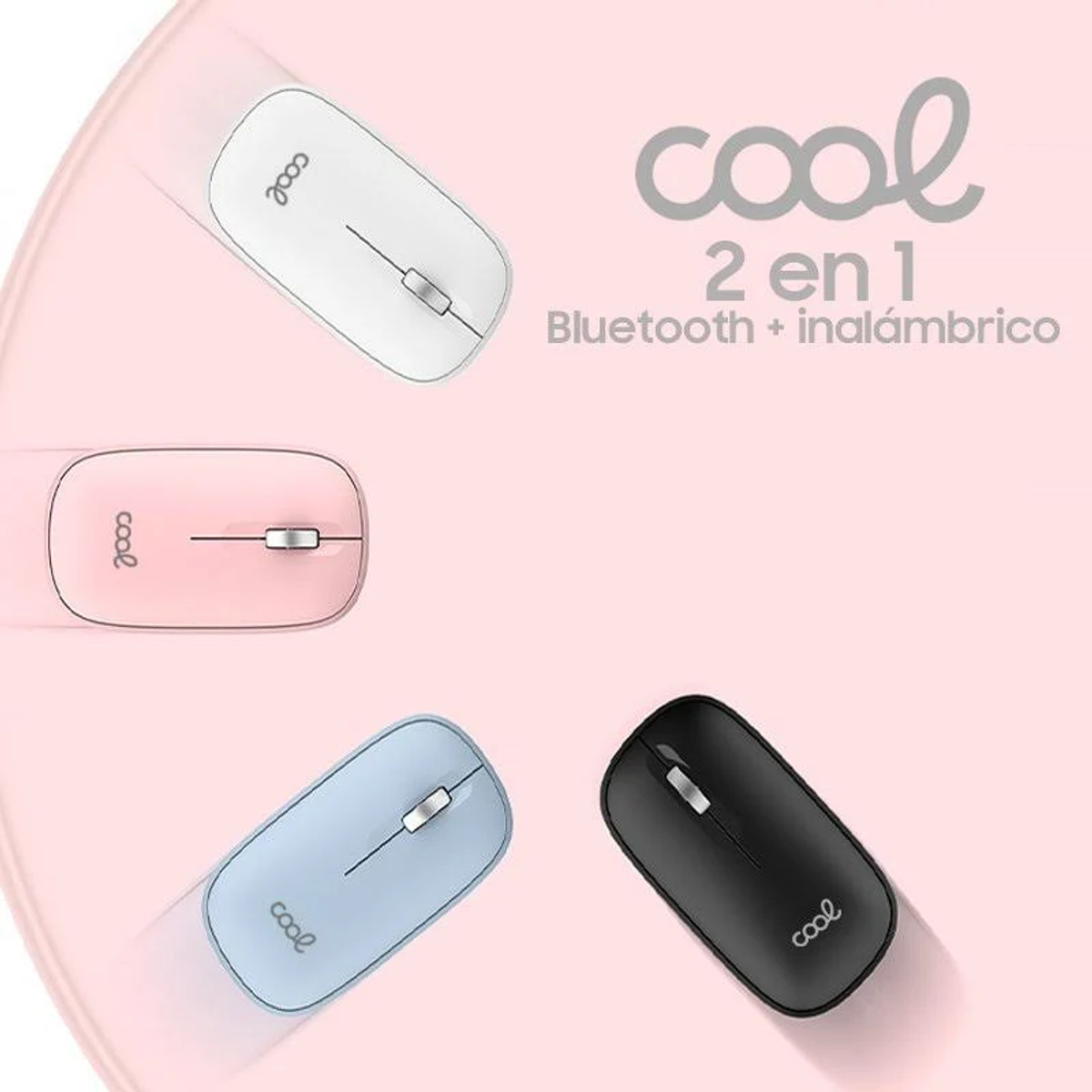 La imagen muestra cuatro ratones de ordenador inalámbricos en blanco, rosa, azul y negro. El logotipo 'cool' está en cada ratón.