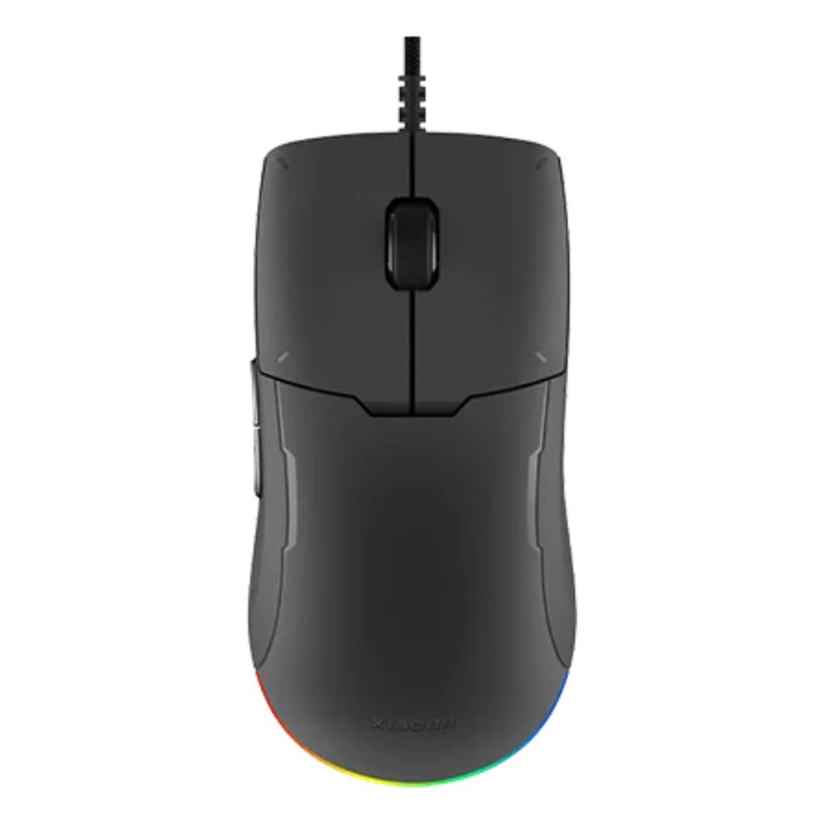 Een zwarte computermuis met een regenboog LED-licht aan de onderkant. Hij heeft een scrollwiel en een snoer.