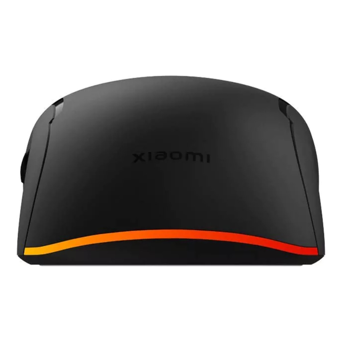 Een zwarte Xiaomi-muis. Het heeft een oranje en rode lichtstrip aan de onderkant. Het Xiaomi-logo is zichtbaar.