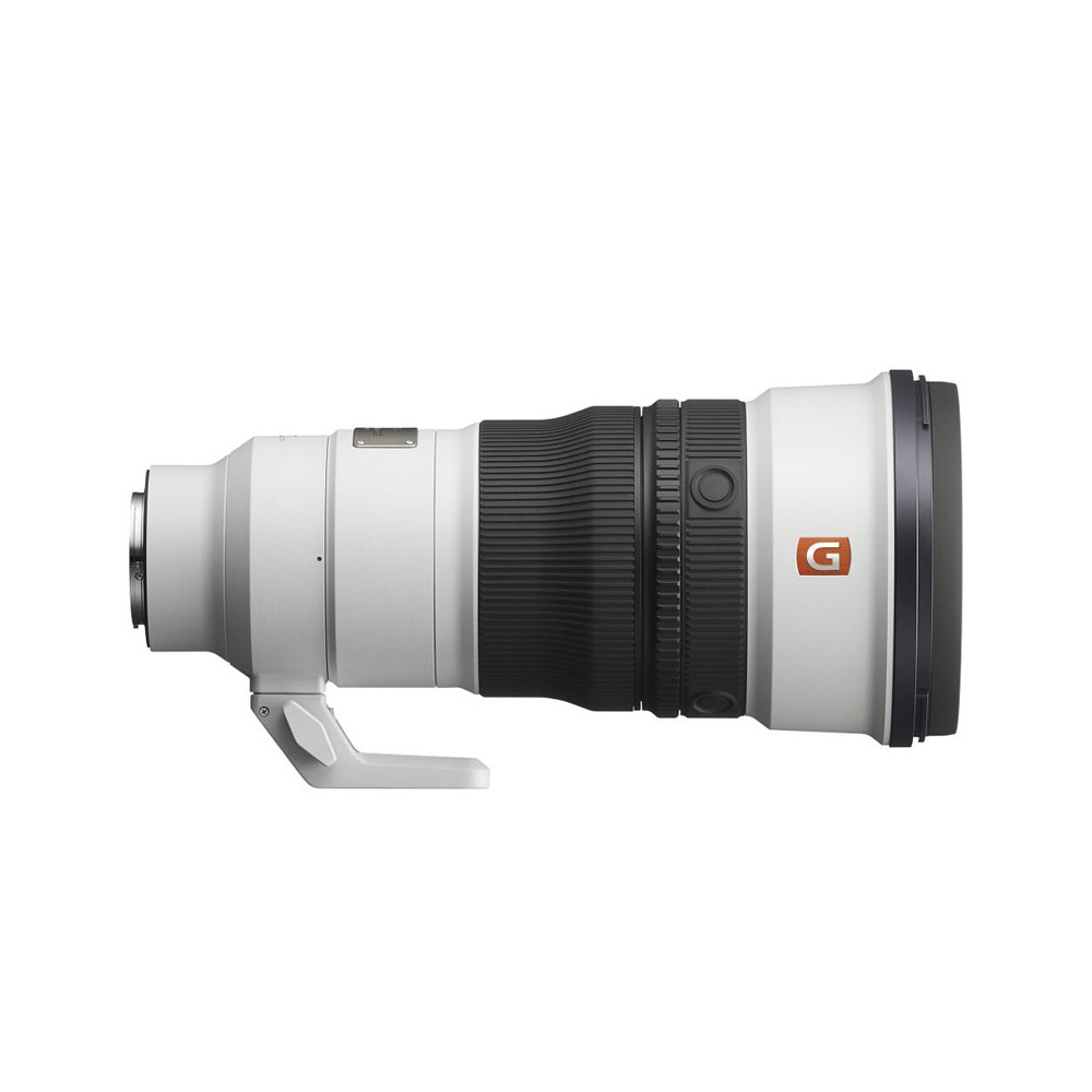 A white and black camera lens with a black rubber grip, the Sony logo, and a lens mount. Background is white.