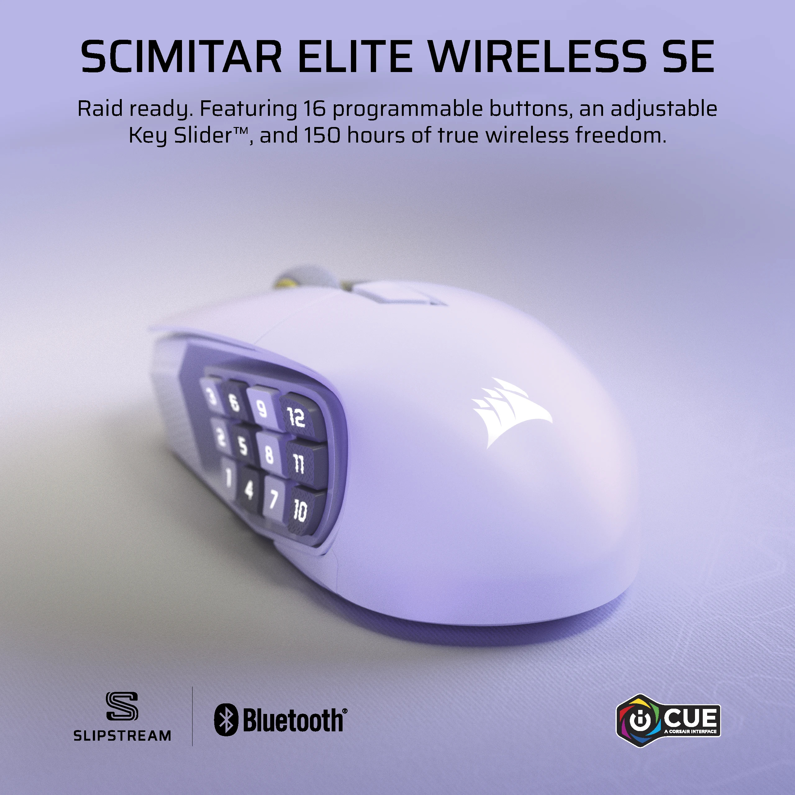 Biała mysz Corsair z przyciskami. Tekst: 'SCIMITAR ELITE WIRELESS SE'.