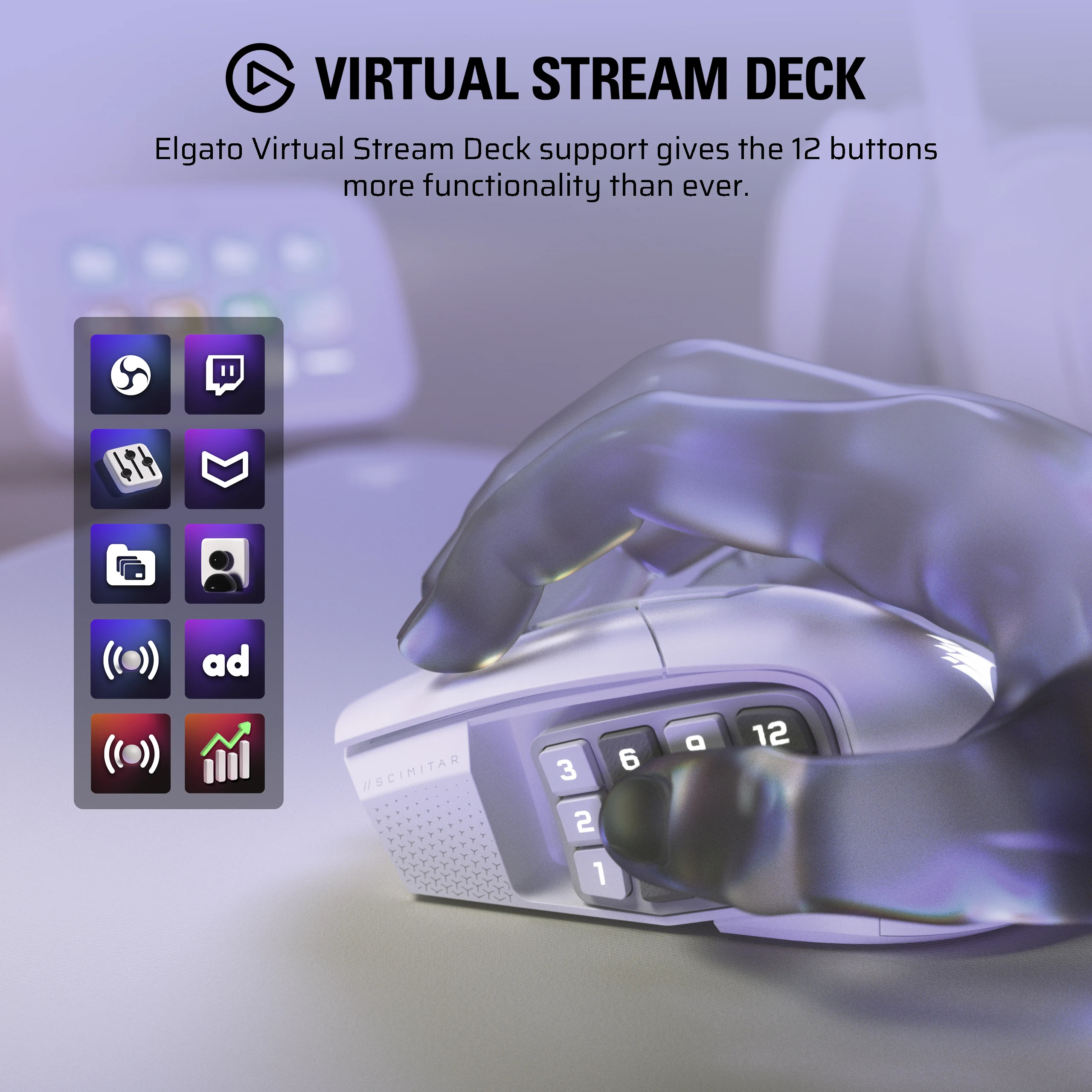 Dłoń wchodzi w interakcję z białą myszą z przyciskami. Obraz pokazuje ikony i tekst 'Virtual Stream Deck'.