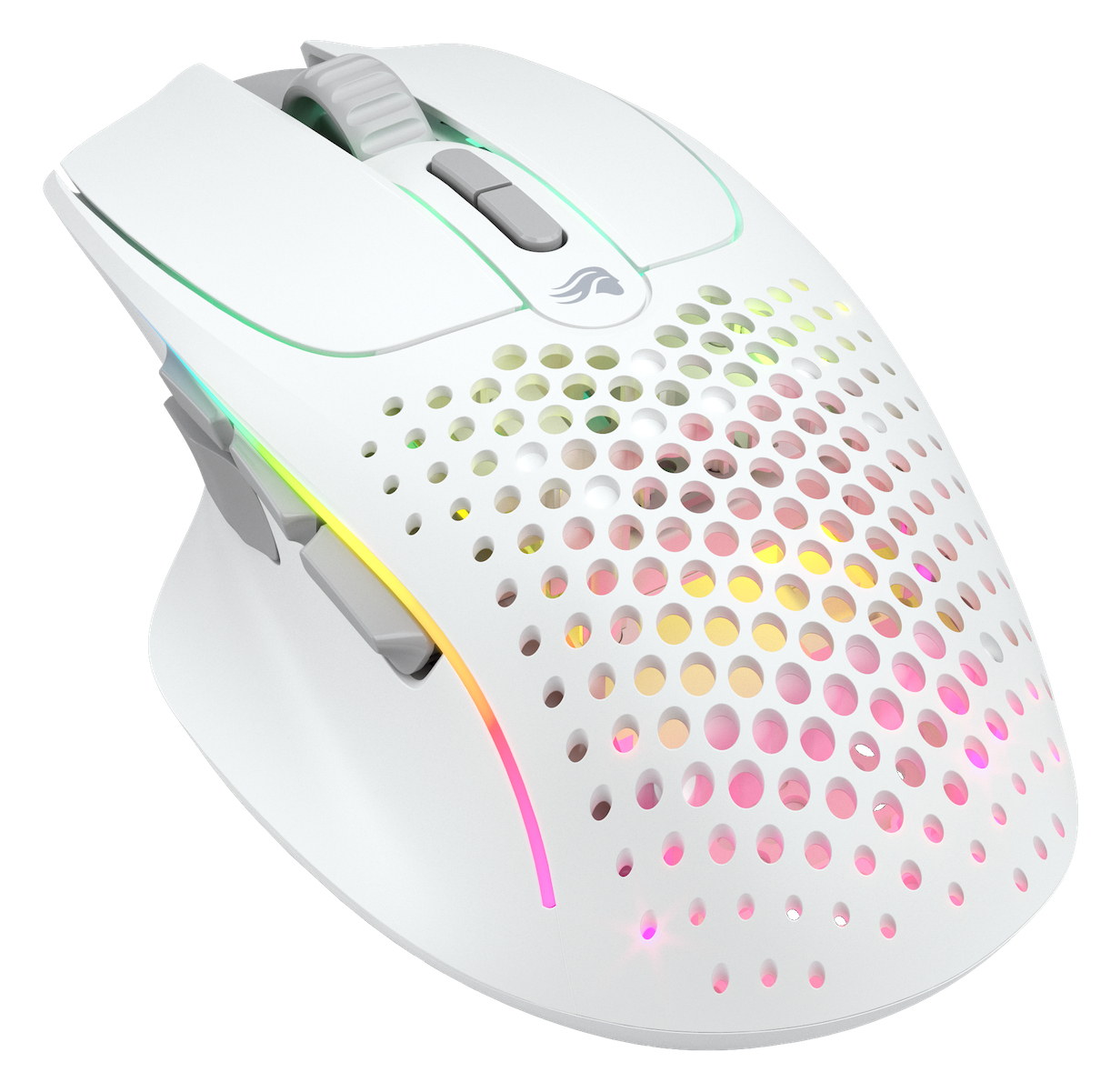 Un mouse da gioco bianco con un design a nido d'ape, illuminazione RGB e pulsanti grigi. Il mouse è su sfondo bianco.