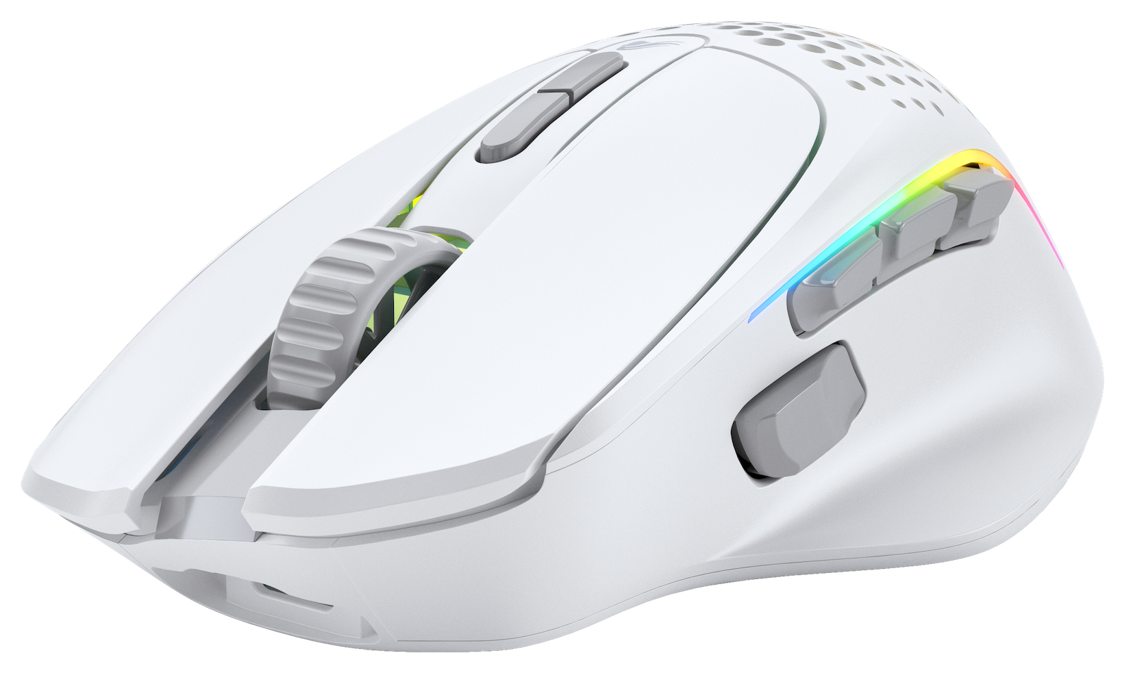 Un mouse da gioco bianco con più pulsanti grigi e una rotella di scorrimento. Ha accenti di illuminazione RGB e un design moderno.