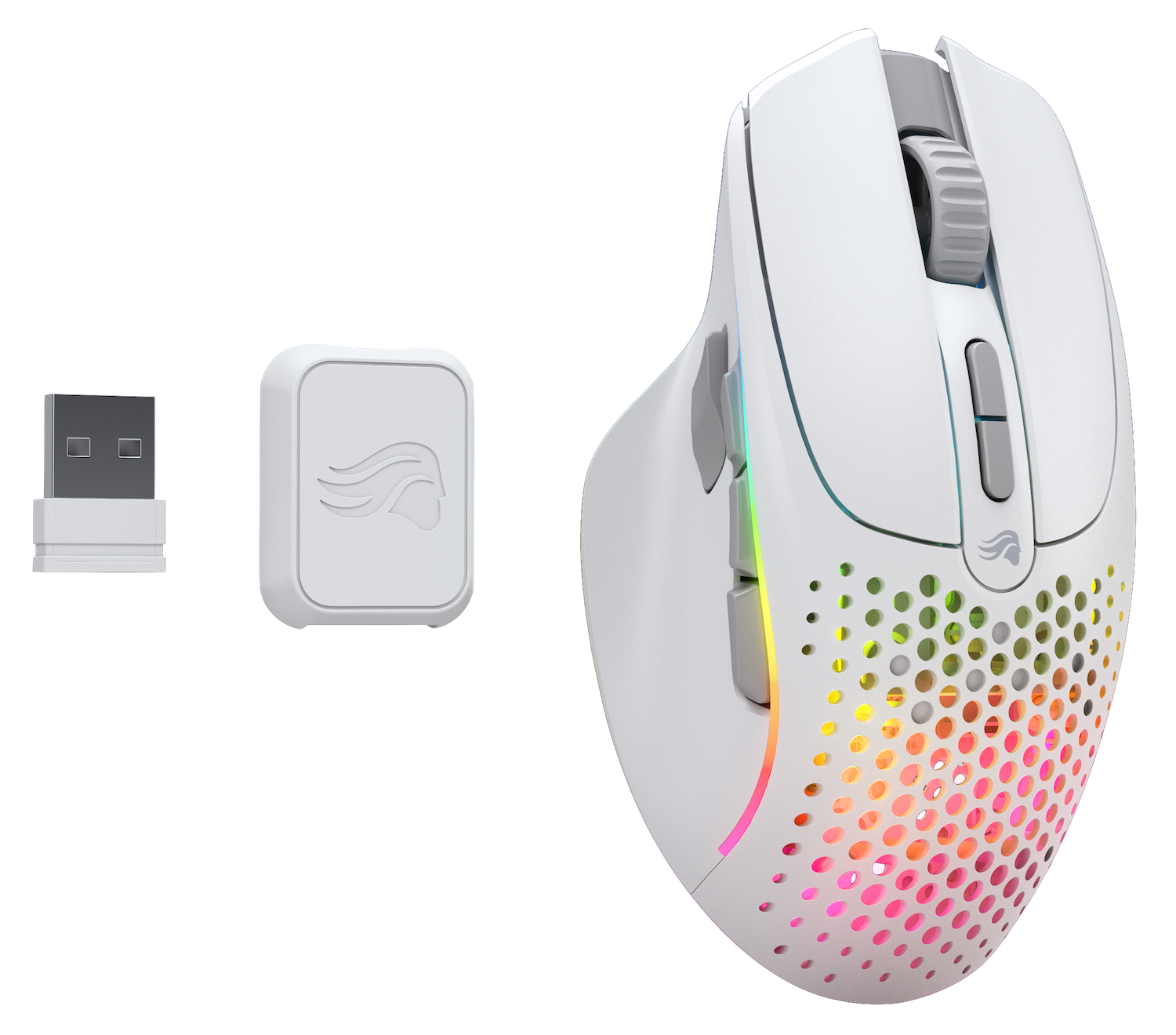 Mouse da gioco bianco con ricevitore USB e dongle. Il mouse ha luci RGB e un design a nido d'ape.