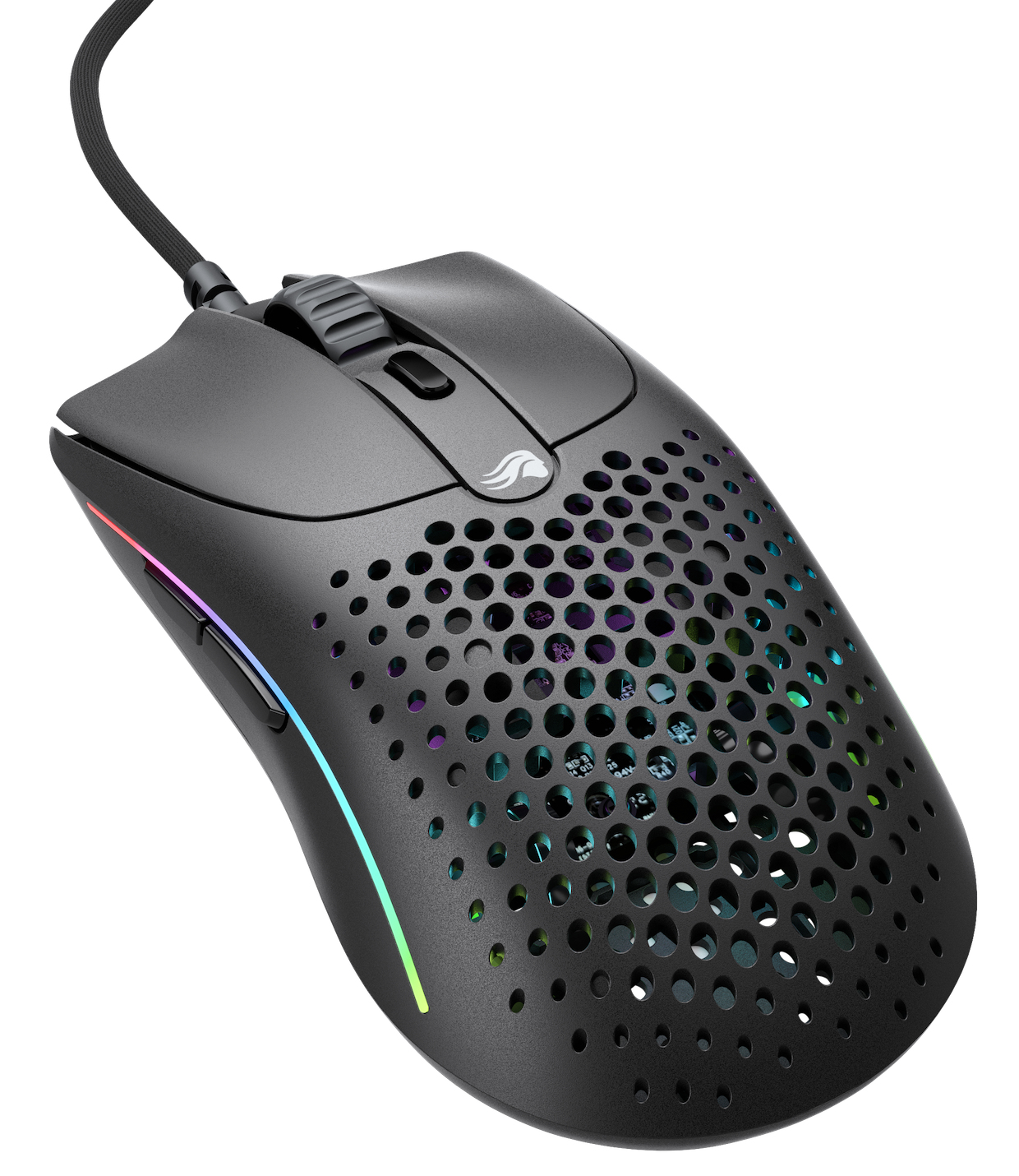 Souris de jeu noire avec design en nid d'abeilles, éclairage RVB et câble tressé.