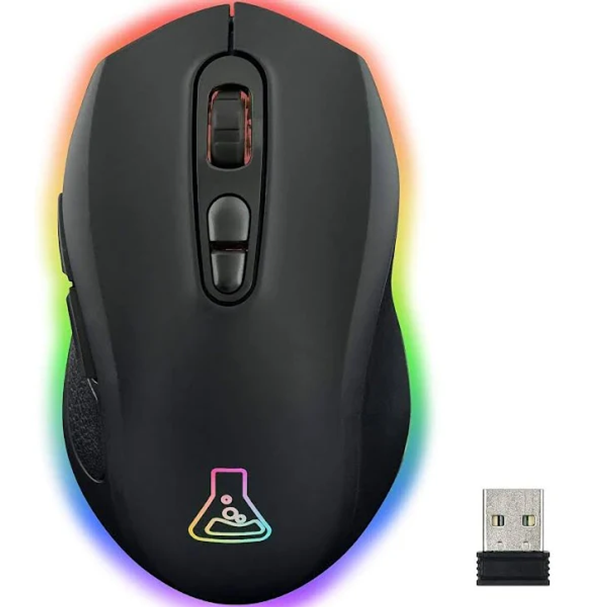 Ratón gaming negro con luces RGB. Tiene rueda de desplazamiento, botones y receptor USB. Hay un logo en el ratón.