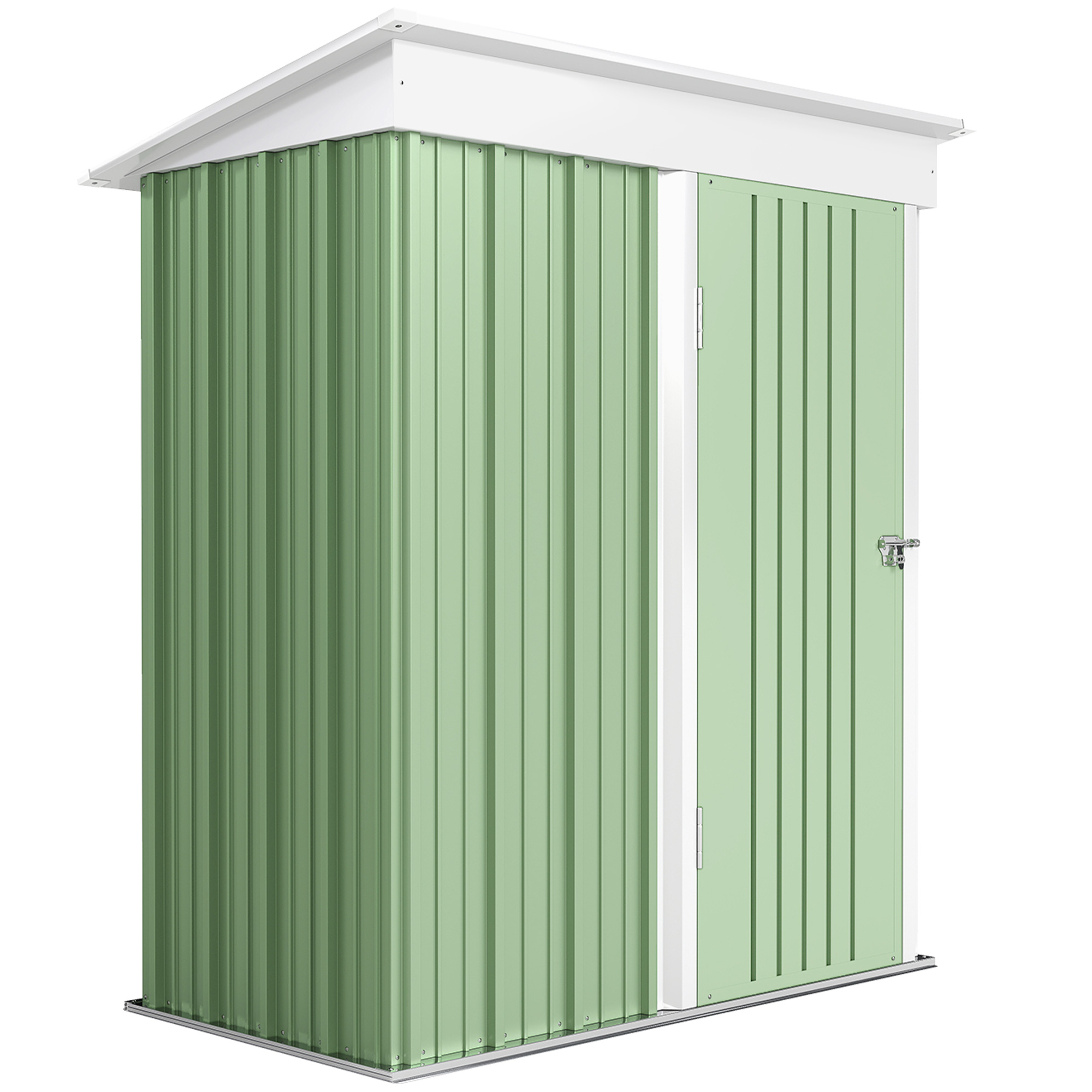 Un capannone in metallo verde con tetto e finiture bianche e una porta chiusa con maniglia.