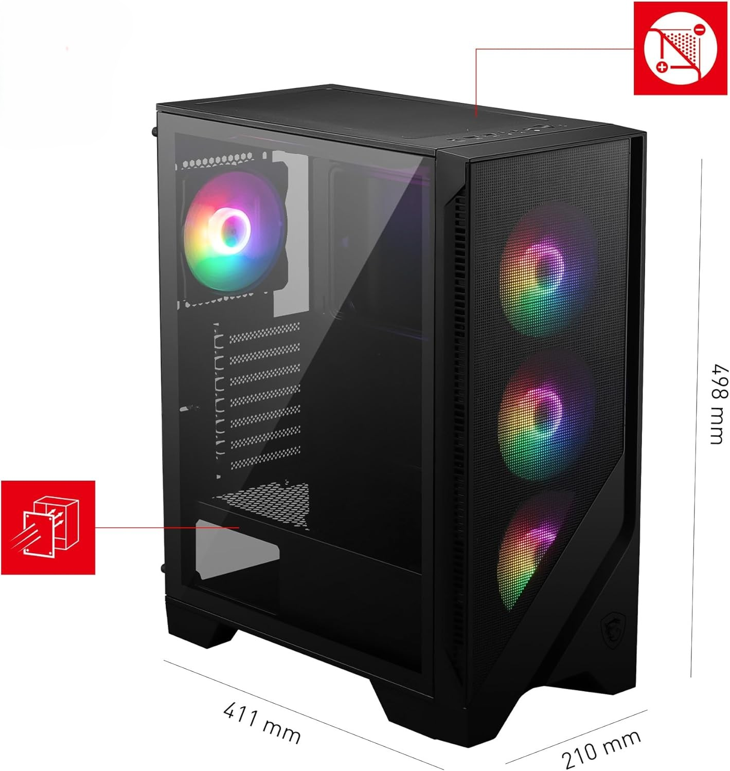 Un case per computer nero con dimensioni etichettate. La parte anteriore ha ventole RGB. I componenti interni sono visibili attraverso un pannello di vetro.