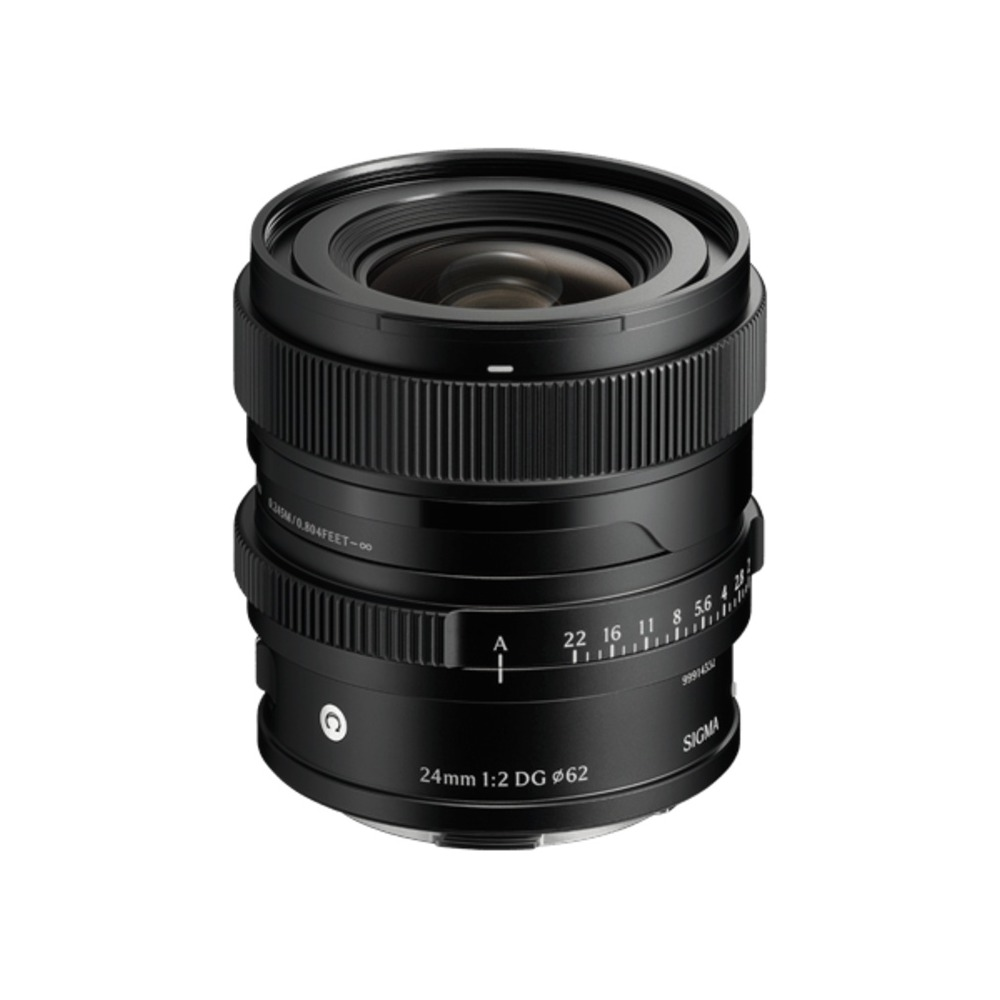 A black Sigma 24mm 1:2 DG lens with aperture settings and focus distance markings. The lens is cylindrical with ridges.
