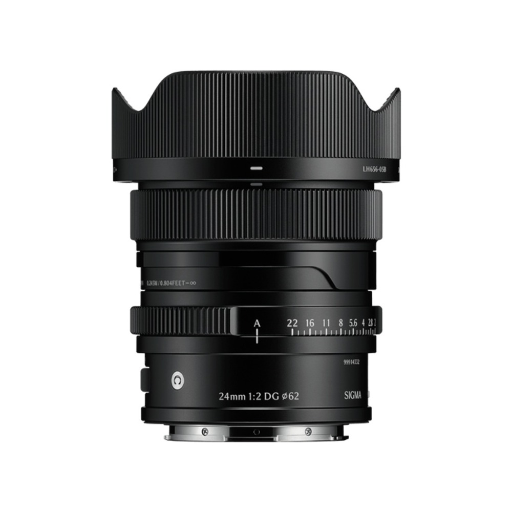 A black Sigma 24mm 1:2 DG lens with a lens hood. It has markings and numbers for settings.