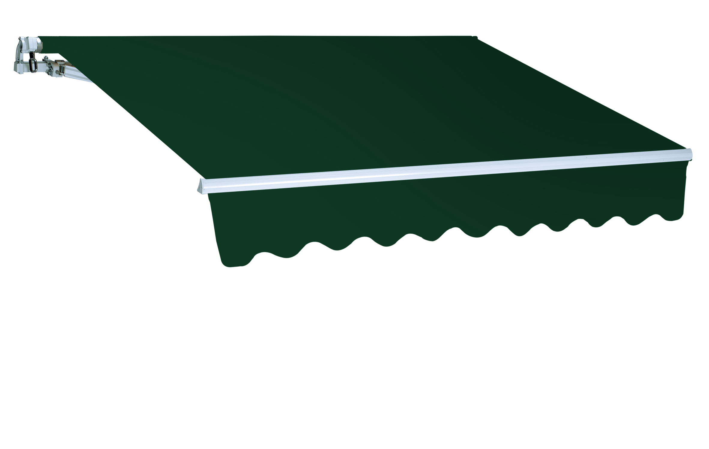 Una tenda da sole retrattile verde scuro è estesa su uno sfondo bianco. Ha un bordo ondulato e bracci argentati.