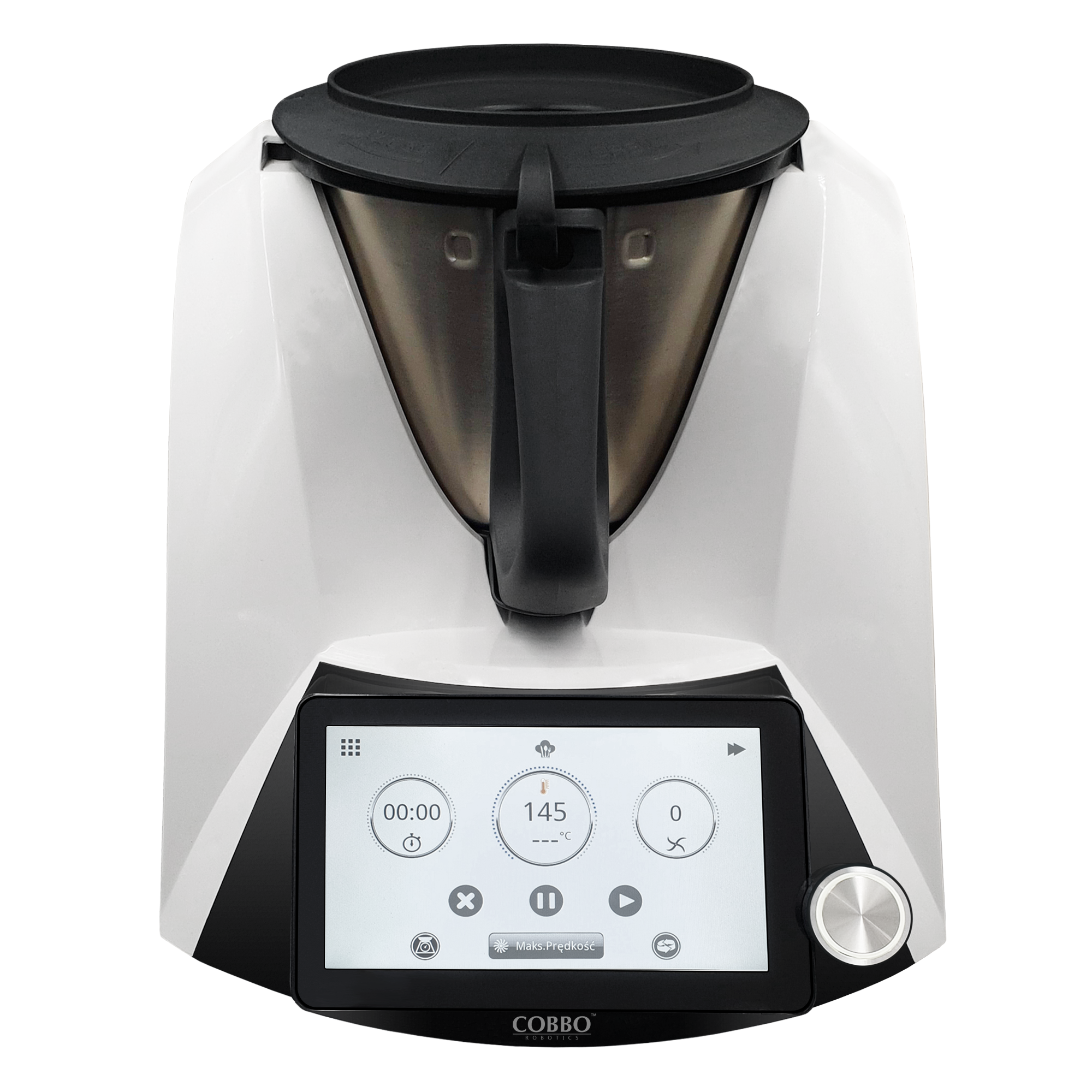 Białe i czarne urządzenie kuchenne z cyfrowym wyświetlaczem czasu, temperatury i prędkości. Marka to COBBO.