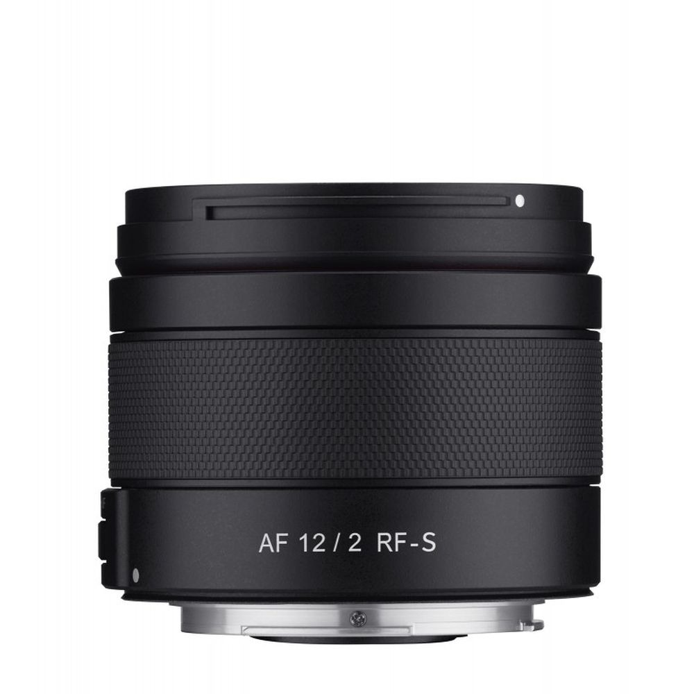 A black camera lens with the text AF 12/2 RF-S on it. It has a textured grip and silver base.