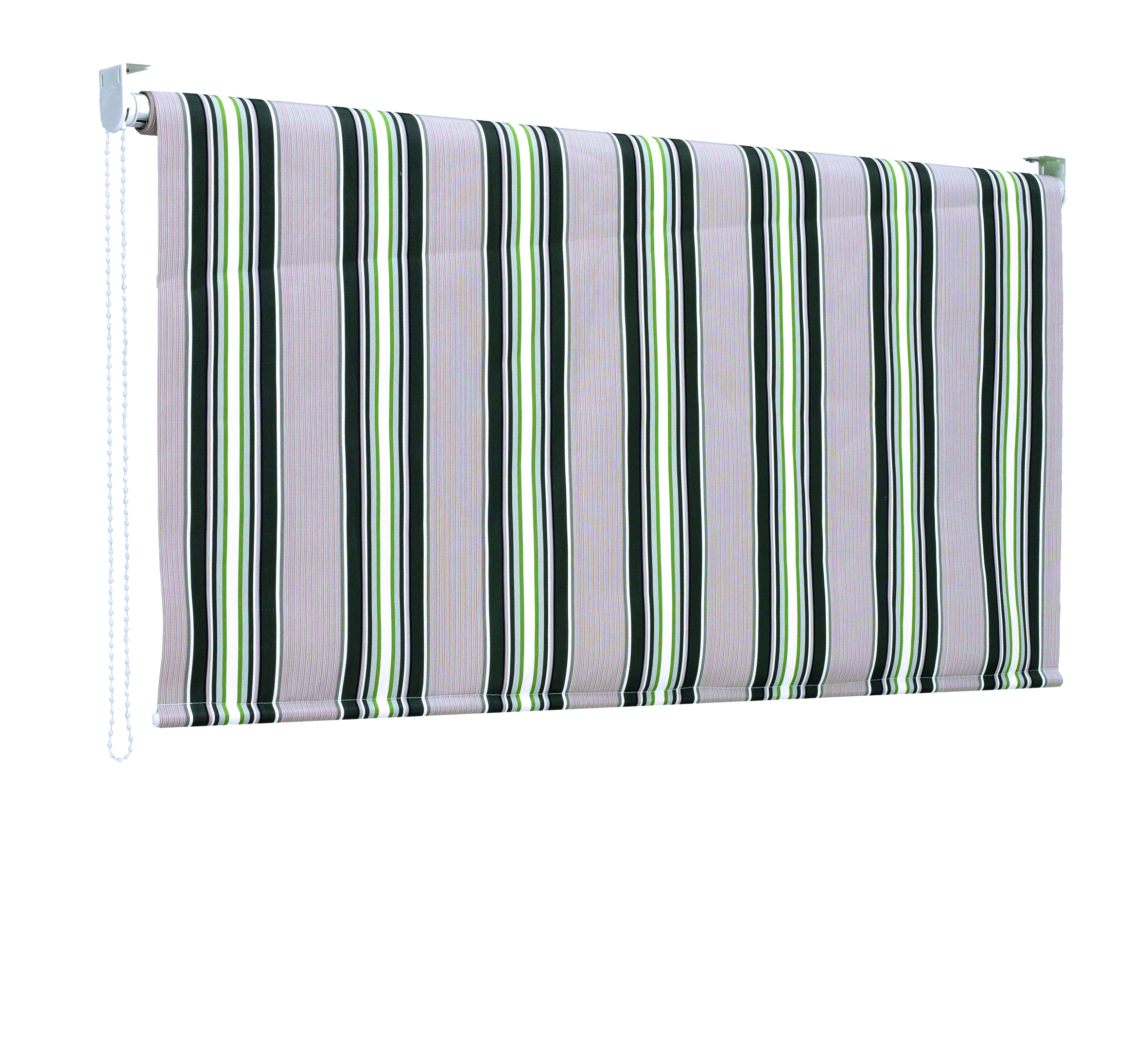 Una tenda a strisce con strisce verticali beige, verdi e nere, catena bianca e sfondo bianco.