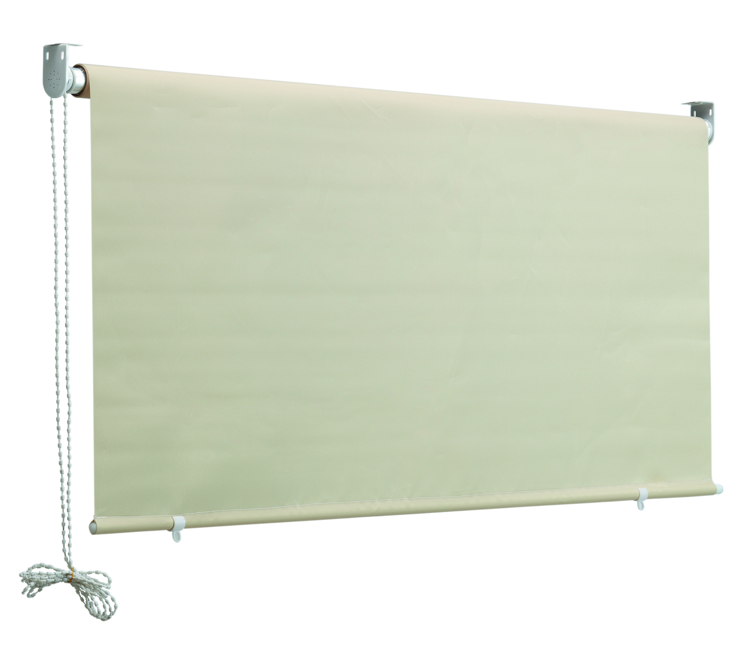 Tenda a rullo beige con catena di perline su sfondo bianco.