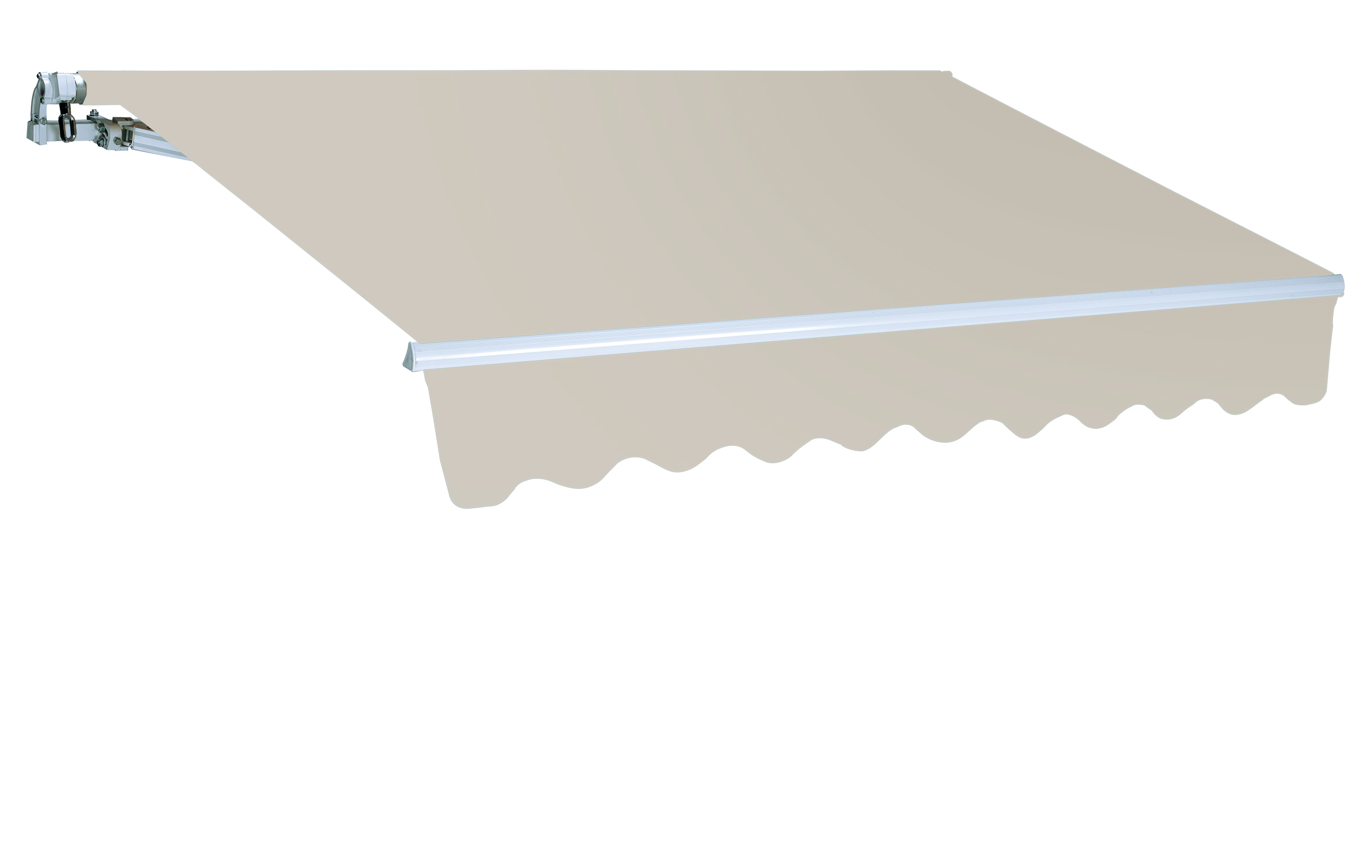 Una tenda da sole beige retrattile è estesa. La tenda ha un bordo smerlato ed è montata su una struttura bianca.