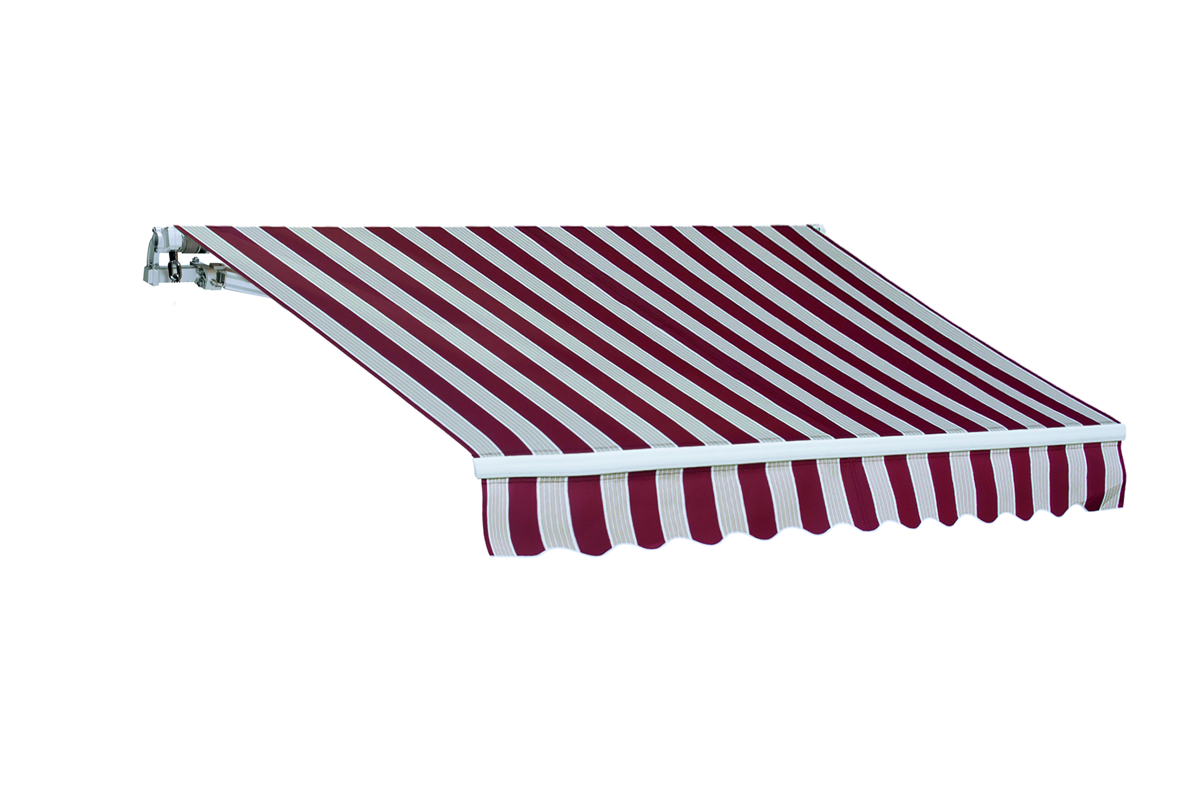 Una tenda da sole retrattile a righe rosse e bianche. È angolata, mostrando il tessuto a righe e l'hardware metallico.