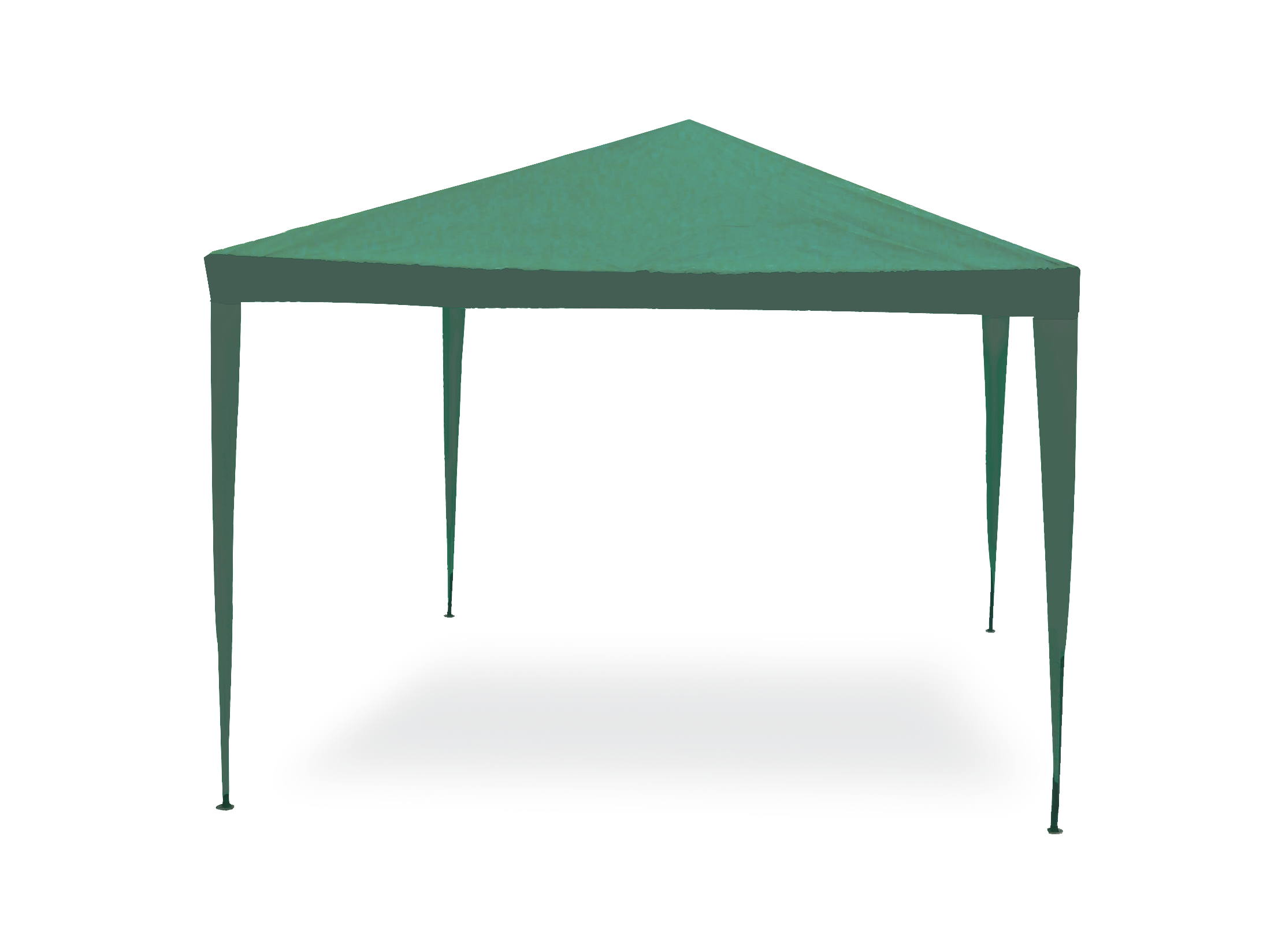 Un gazebo verde con tetto triangolare. Ha quattro gambe, su sfondo bianco.