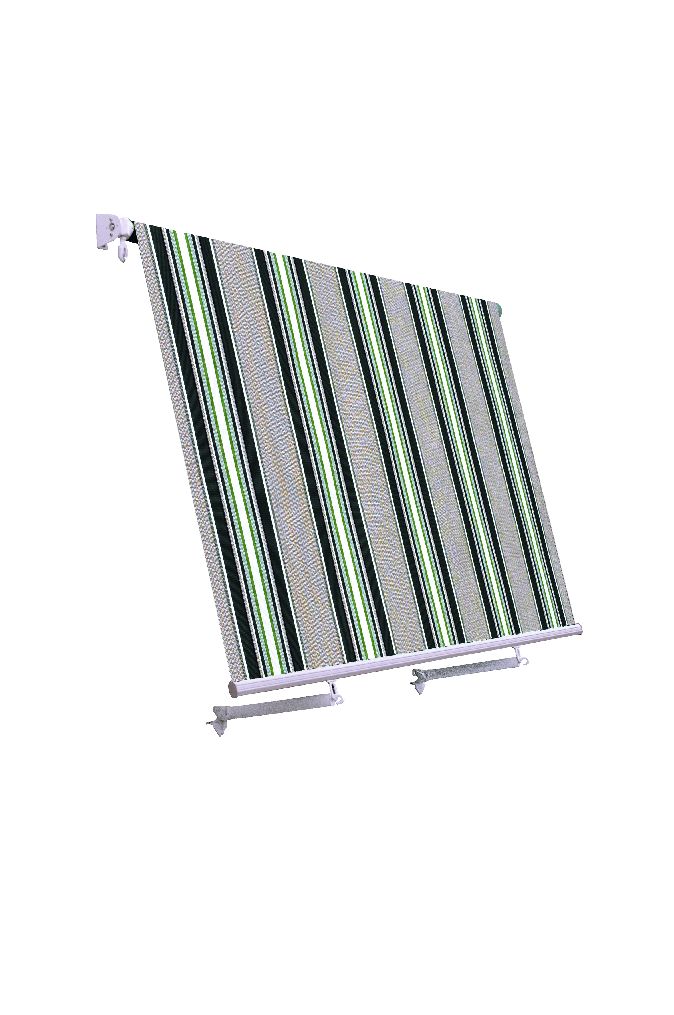 Una tenda a strisce con strisce verticali beige, nere, verdi e bianche alternate, montata su un muro bianco.