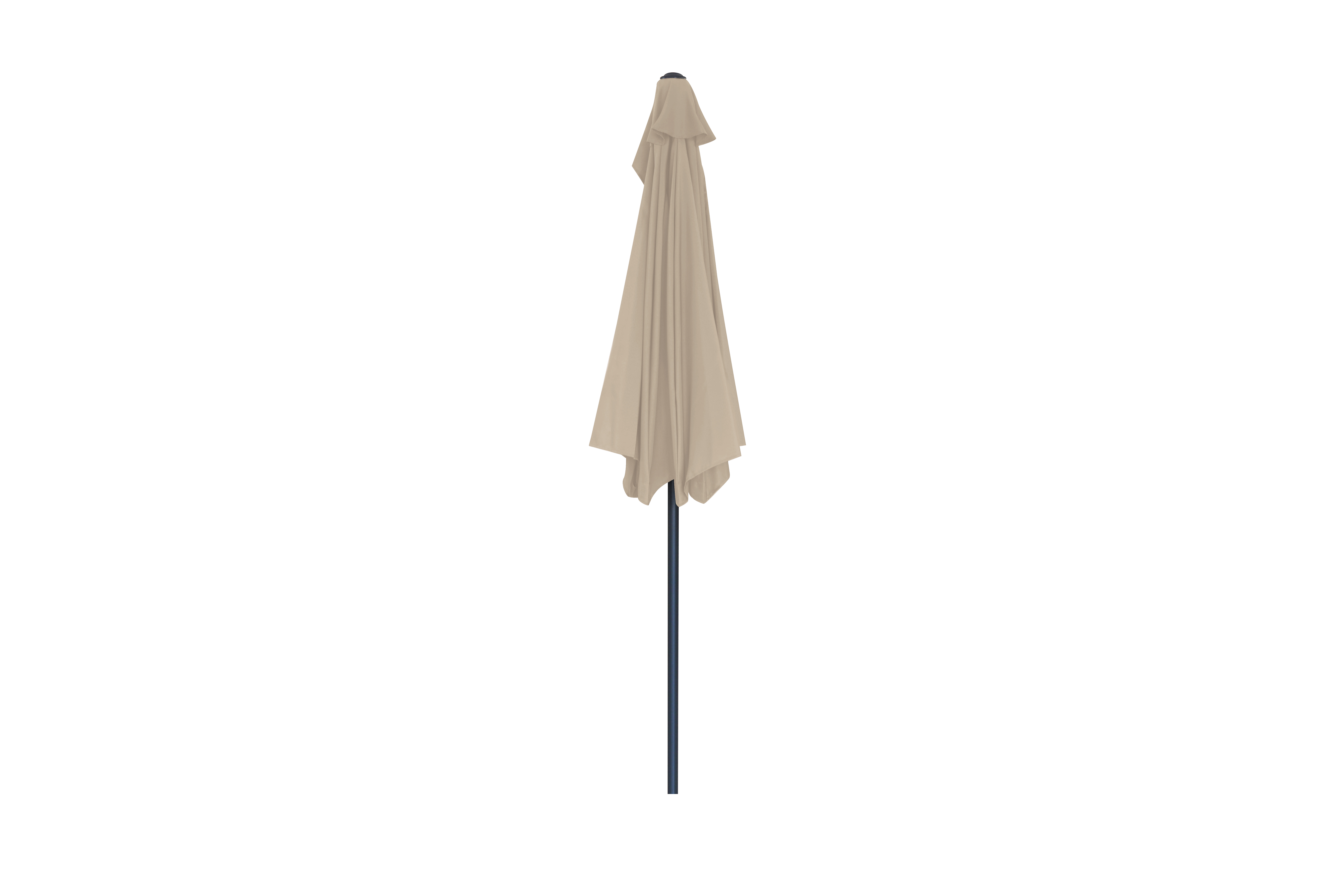 Un ombrello beige chiuso è su un palo blu su sfondo bianco.