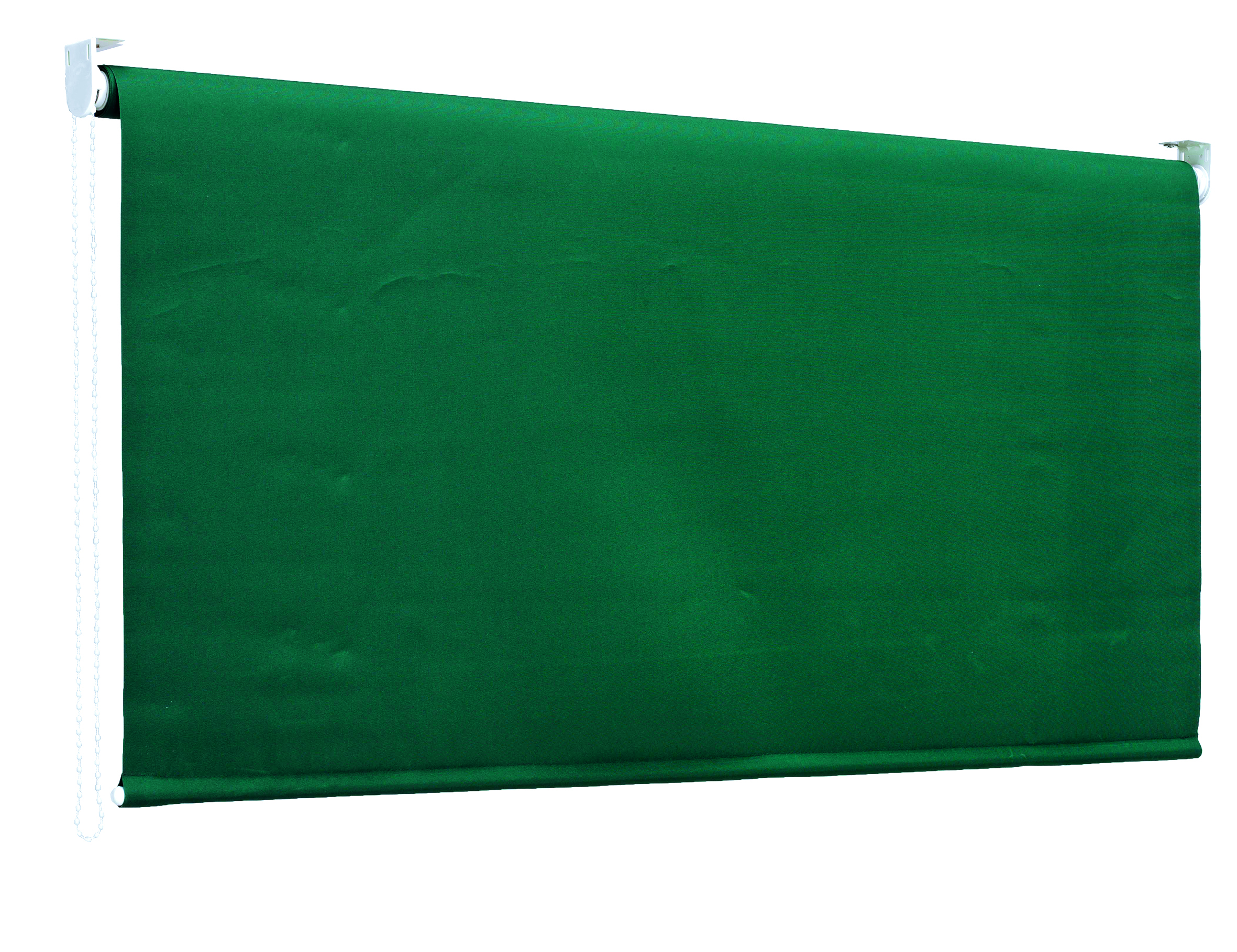 Una tenda a rullo verde è appesa, parzialmente abbassata. Lo sfondo è bianco.