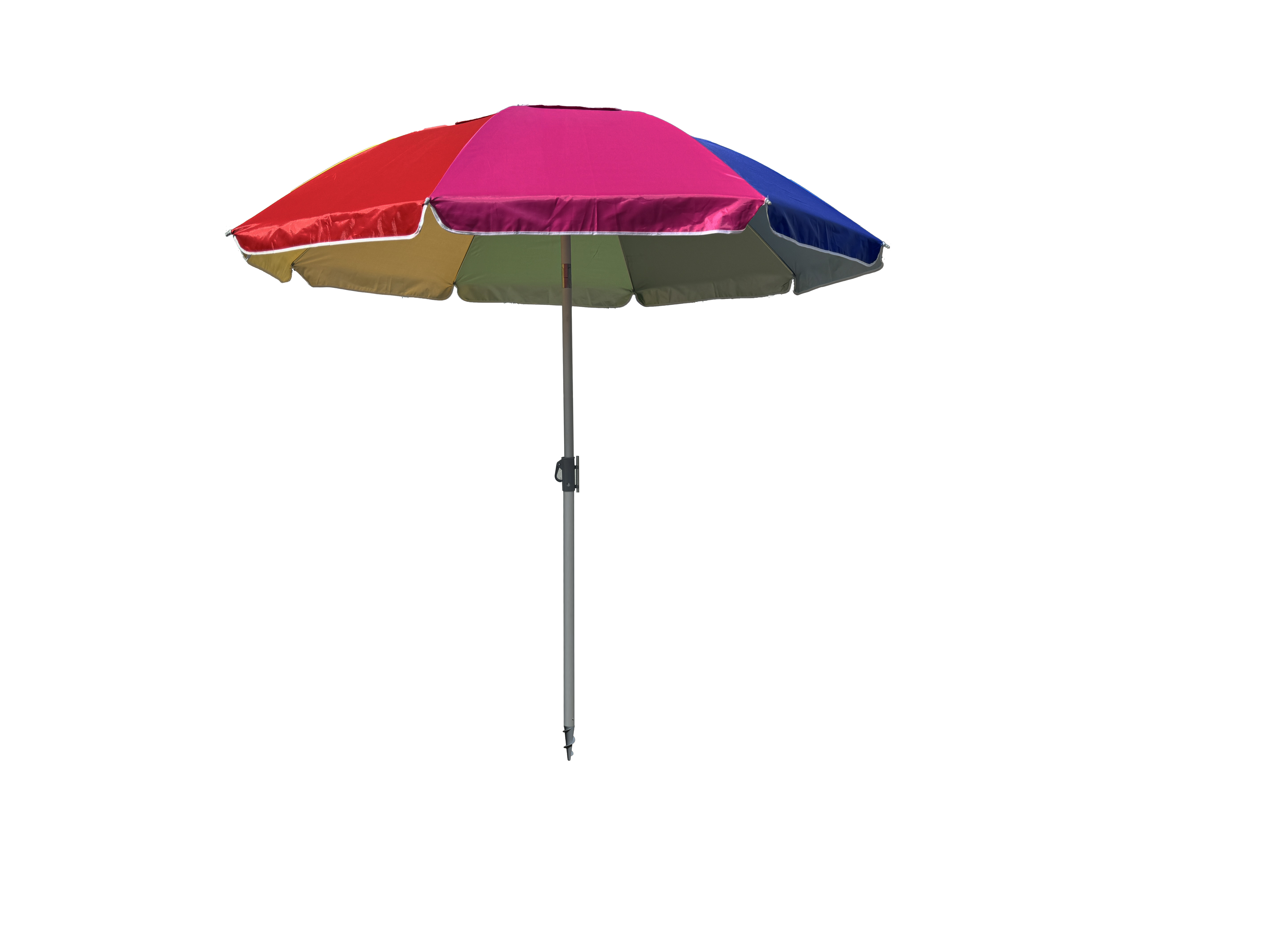 Un ombrellone colorato con sezioni rosse, rosa, blu, verdi e gialle, su sfondo bianco.