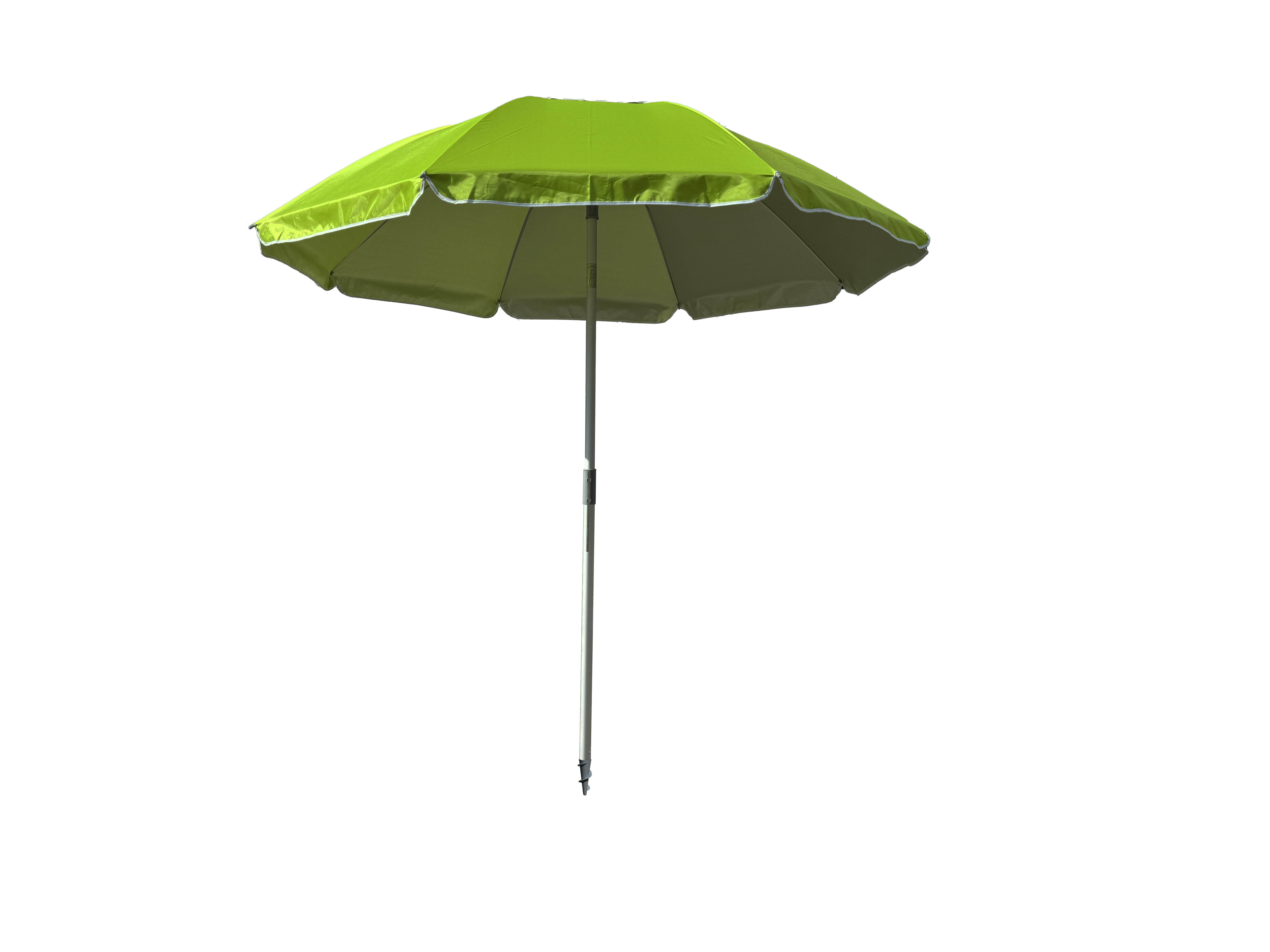 Un ombrellone verde e bianco è aperto su sfondo bianco. Il palo è argento.
