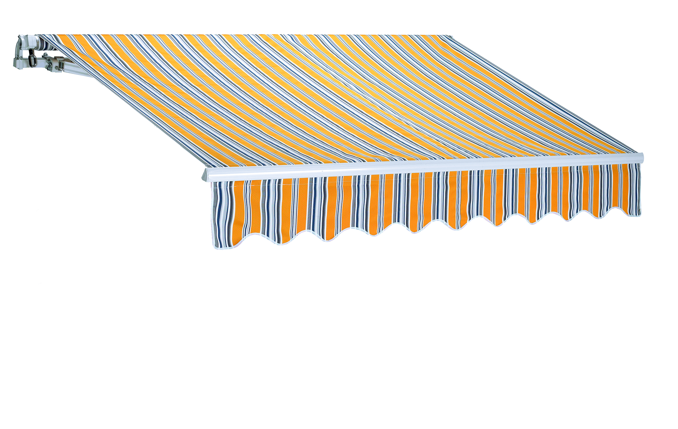 Una tenda da sole retrattile a strisce gialle, bianche e grigie. La tenda è estesa su sfondo bianco.