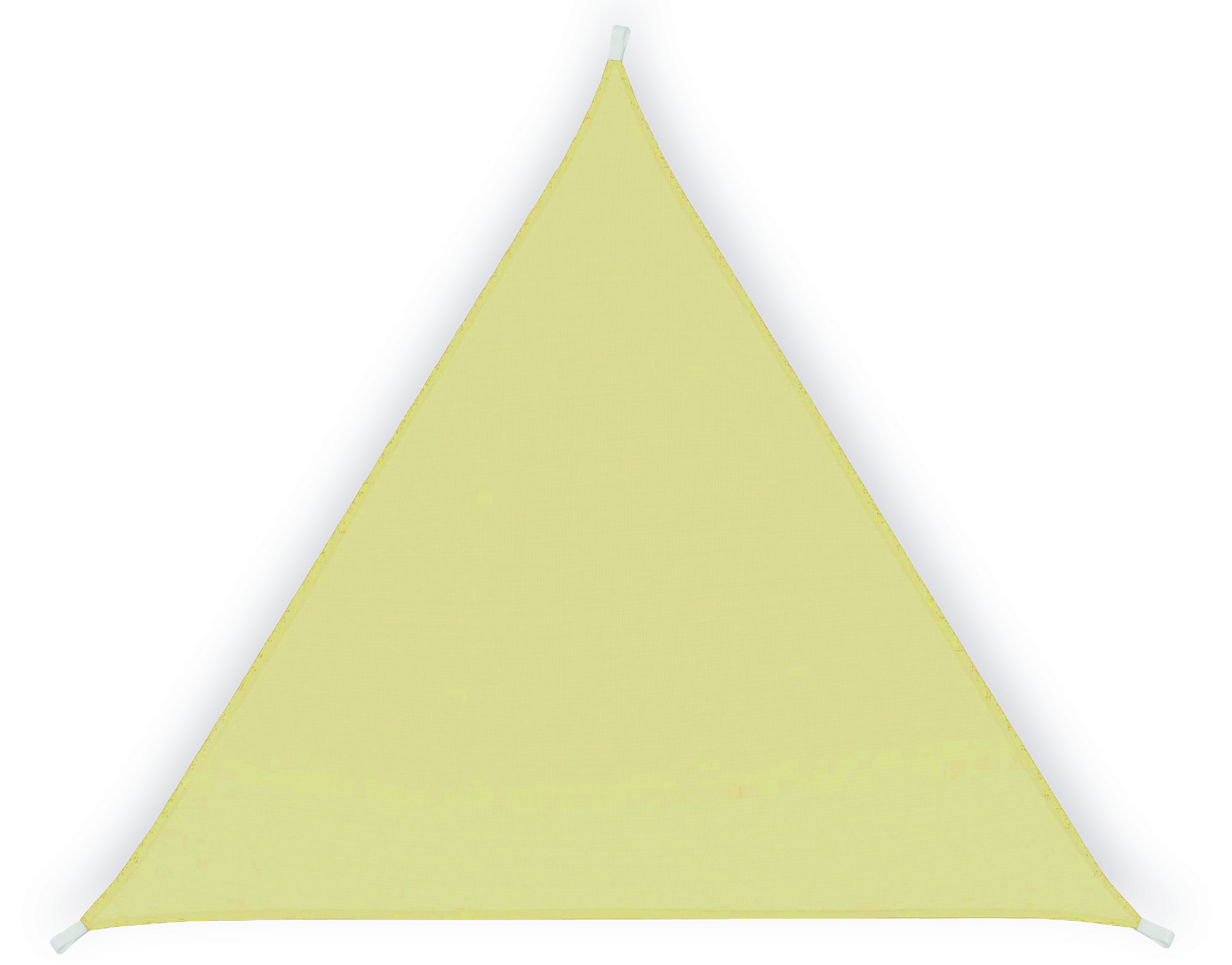 Una vela solare triangolare beige è centrata su sfondo bianco. Cordini bianchi ad ogni angolo.