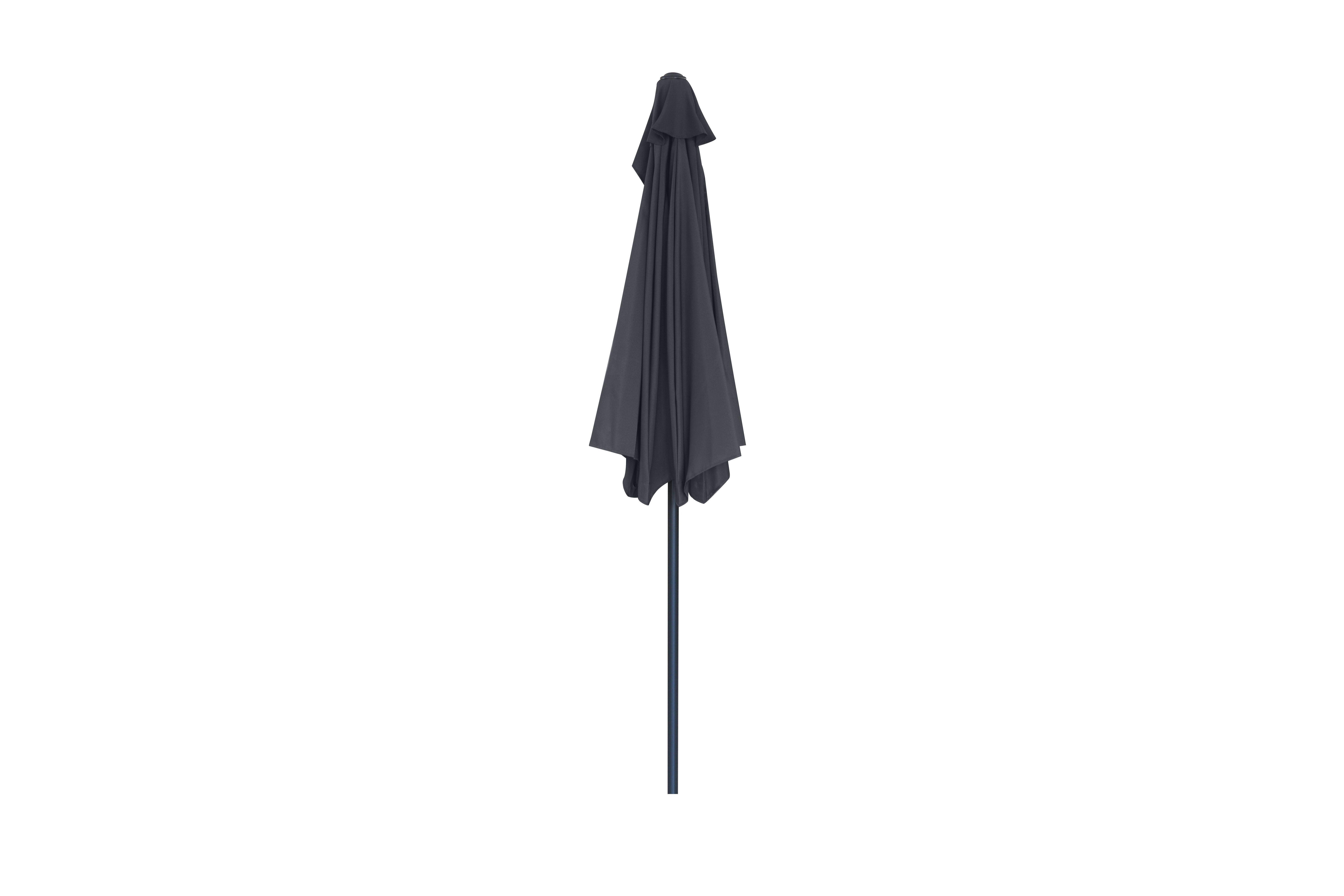 Un ombrellone da patio grigio scuro chiuso con un palo scuro è centrato su sfondo bianco.