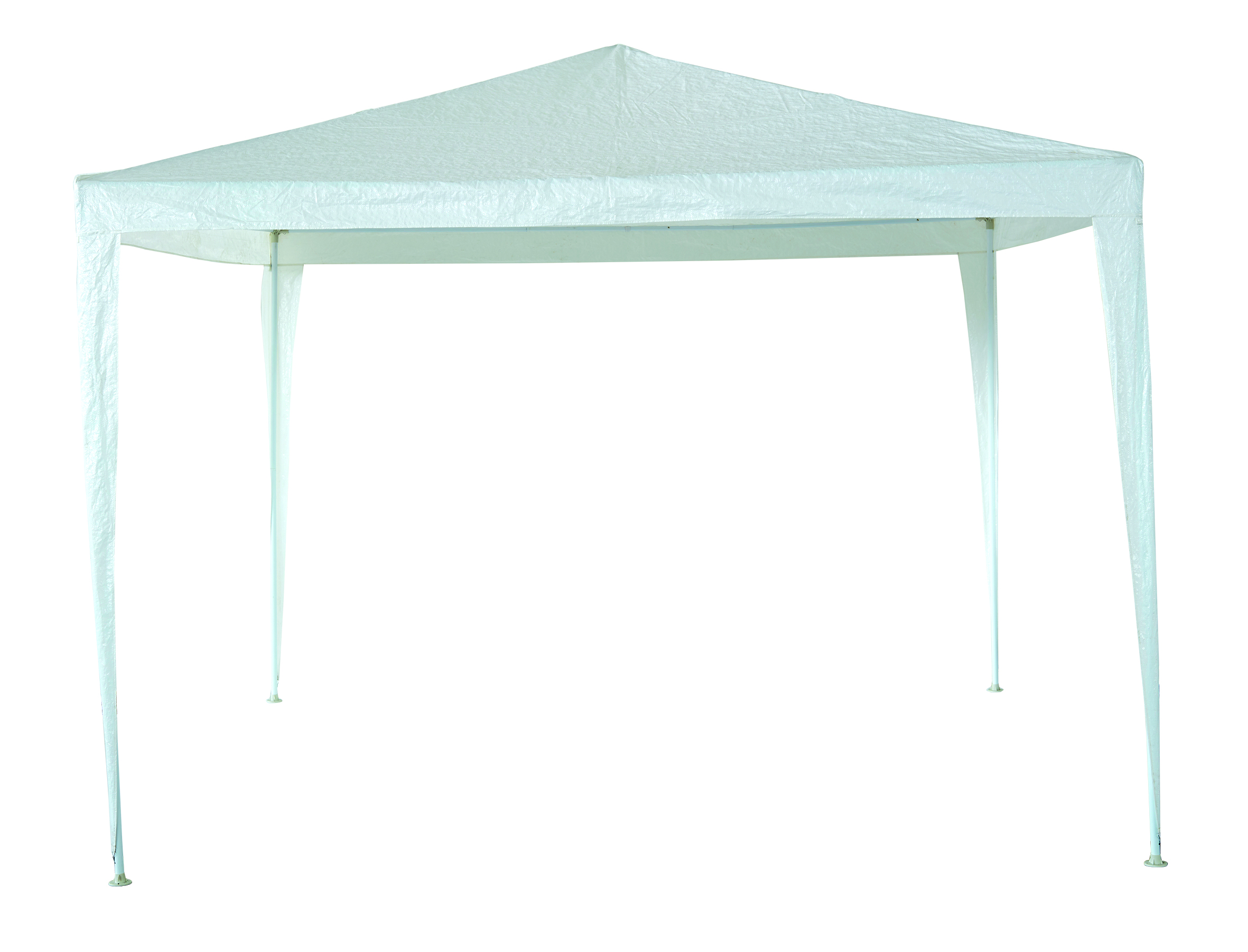 Una tenda bianca con tetto triangolare su sfondo bianco. Ha quattro gambe.